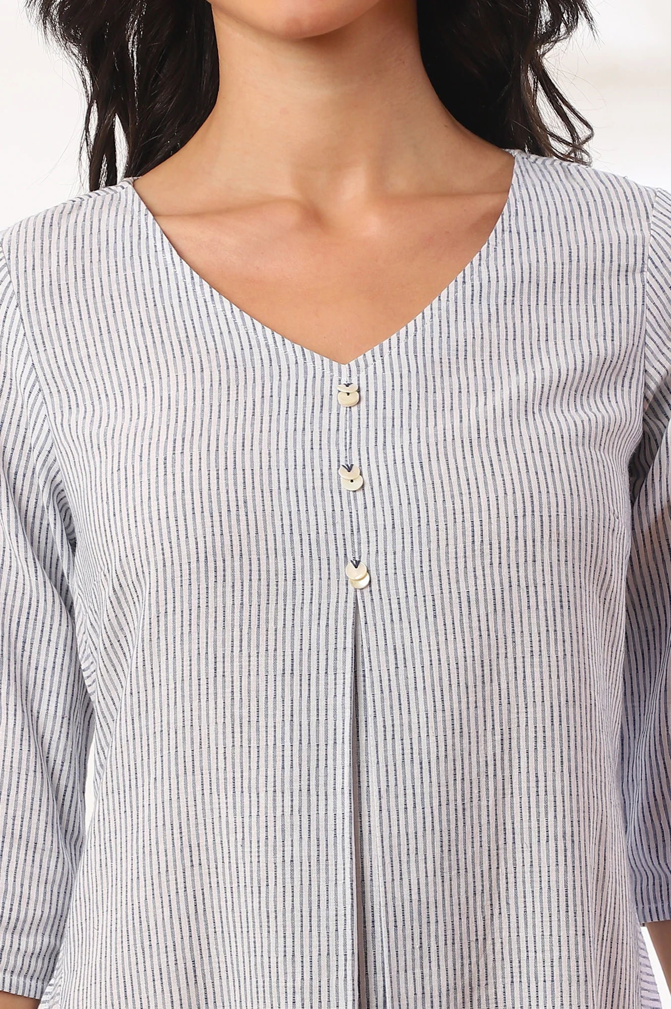 Blue Yarn Dyed A-Line Cotton Blend Kurta - Image 4