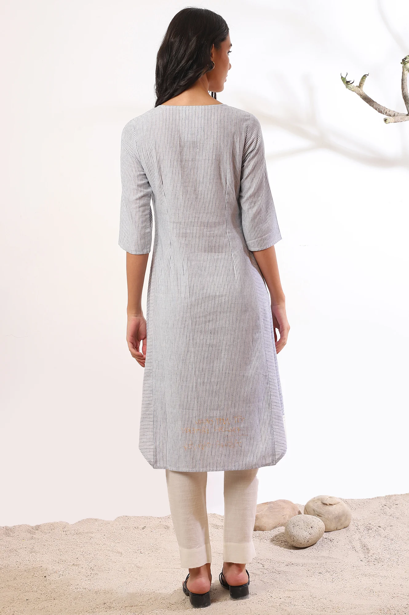 Blue Yarn Dyed A-Line Cotton Blend Kurta - Image 6
