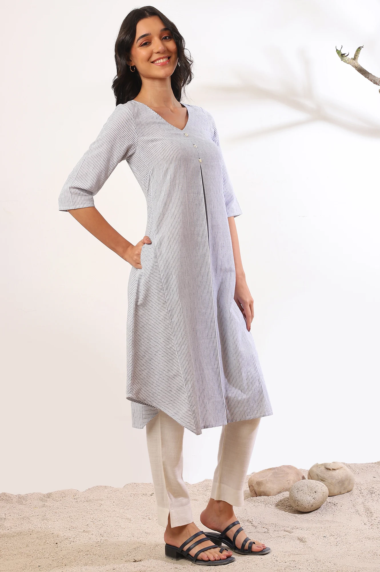Blue Yarn Dyed A-Line Cotton Blend Kurta - Image 7