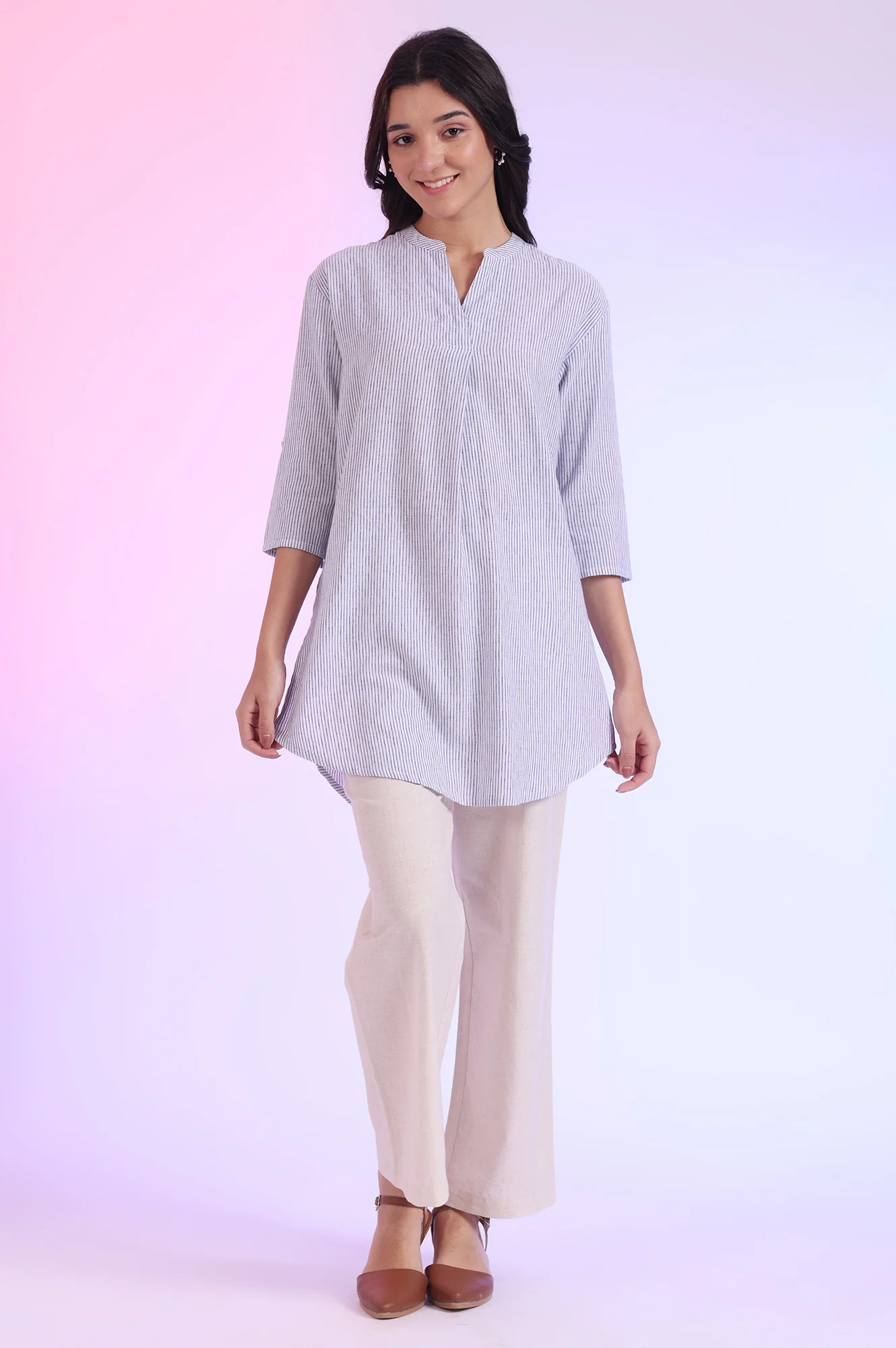 Blue Yarn Dyed Straight Cotton Blend Kurti - Image 2