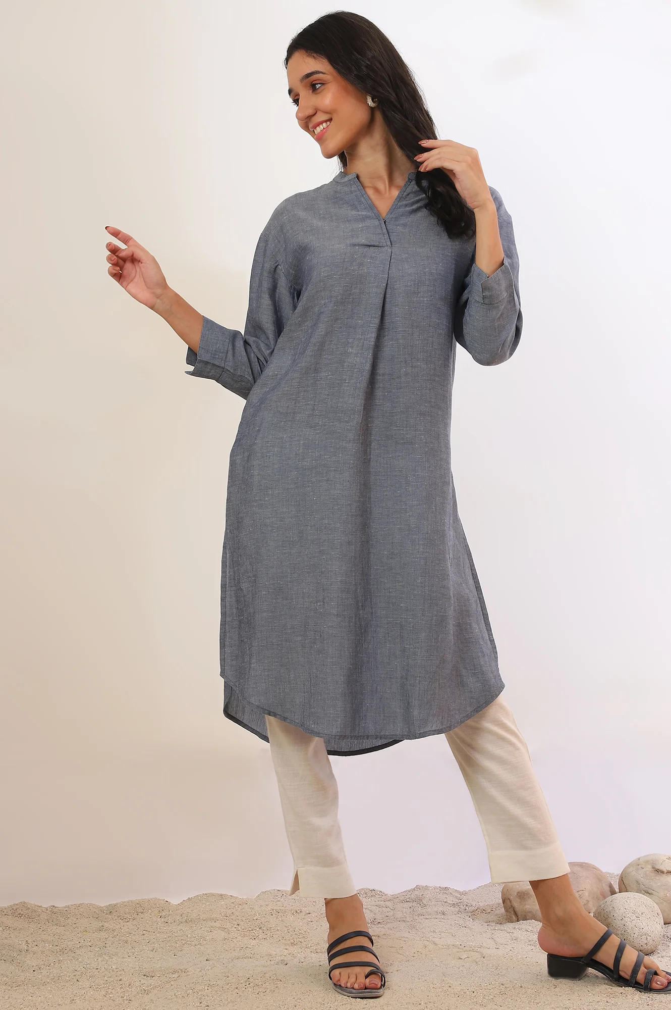 Blue Yarn Dyed Straight Denim Kurta - Image 3