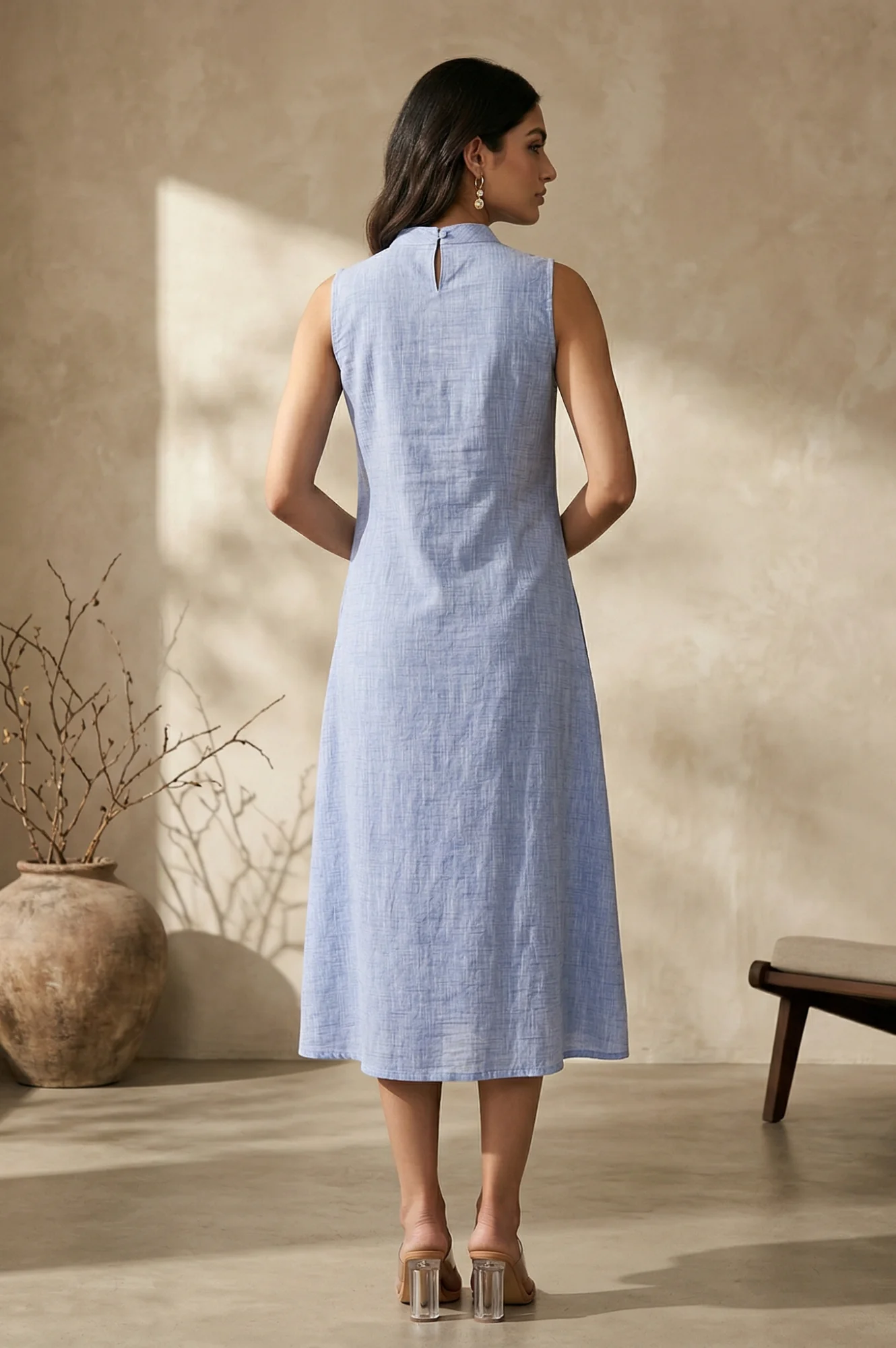 Blue Yarn Dyed Embroidered Pure Cotton A-line Dress - Image 5