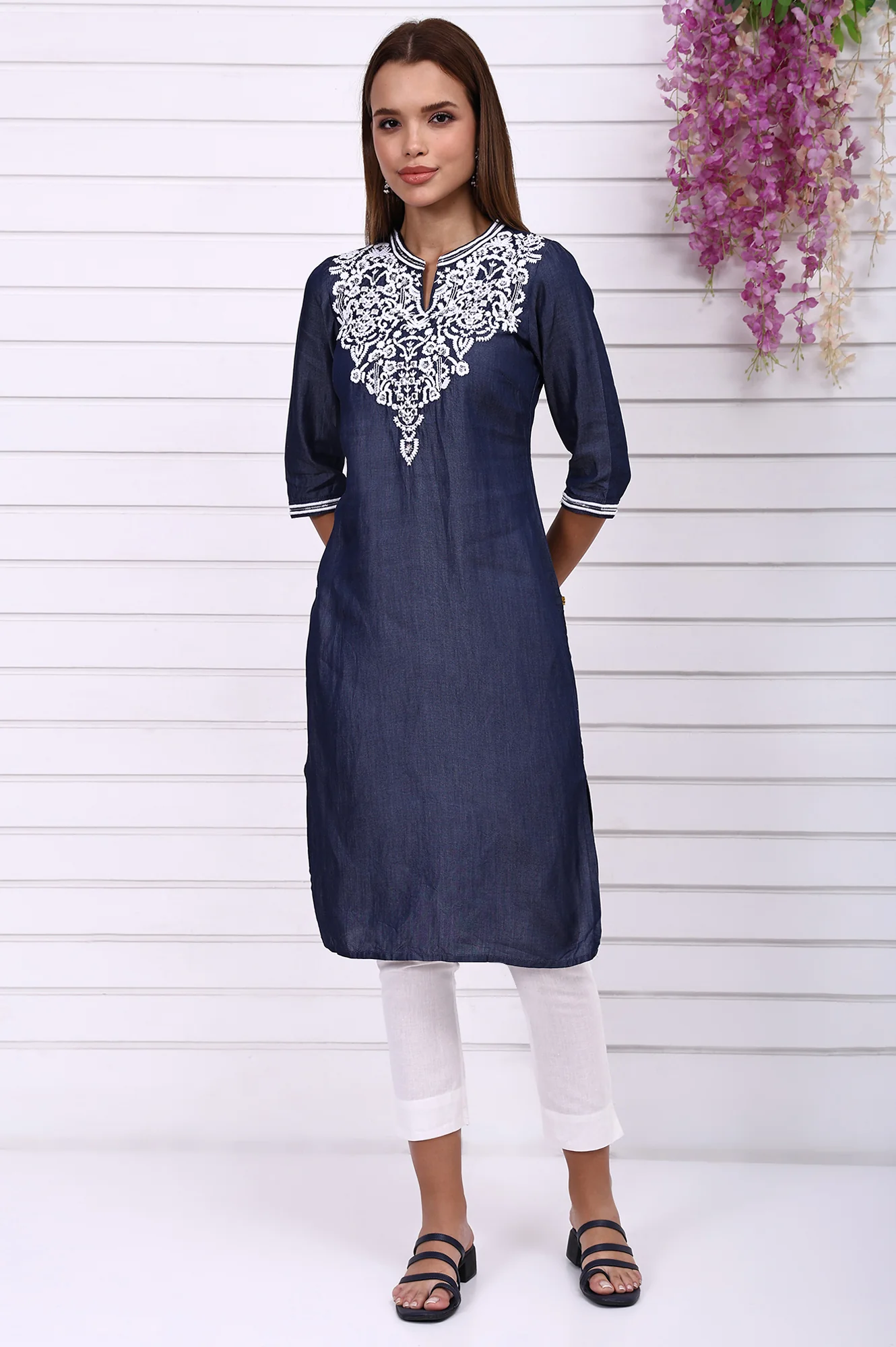 Blue Yarn Dyed Embroidered Yoke Straight Kurta - Image 2