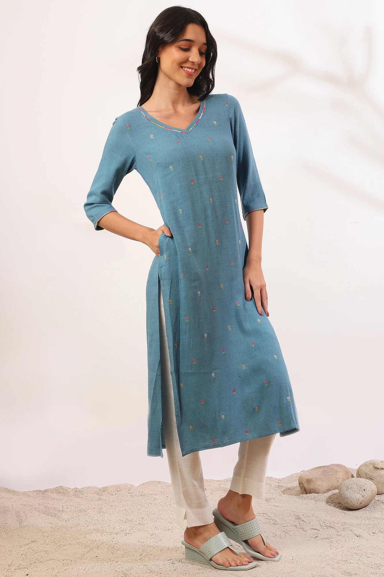 Blue Yarn Dyed  Straight Pure Cotton Kurta - Image 7
