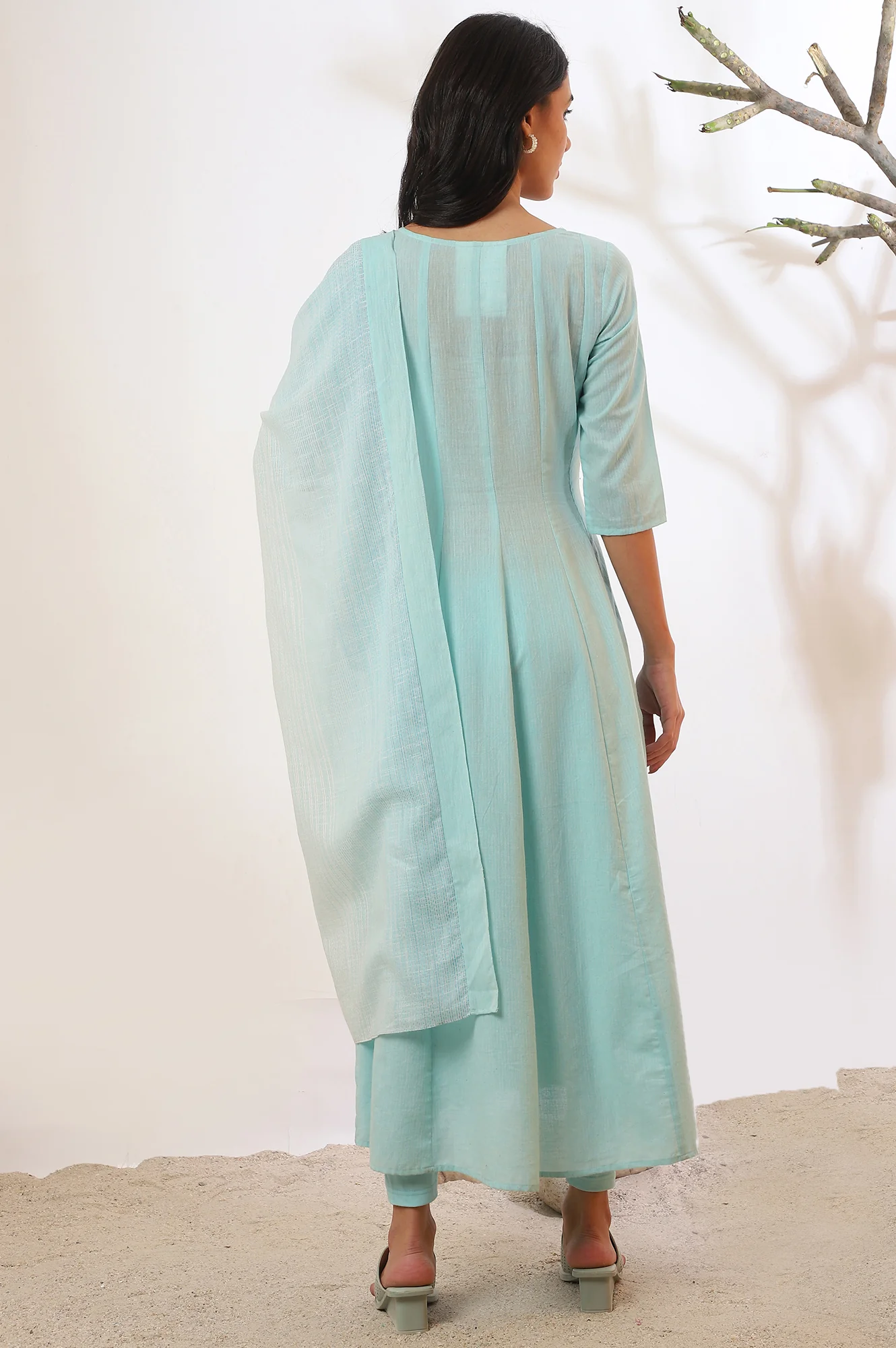 Blue Yarn Dyed Pure Cotton Anarkali with Leggings & Dupatta Set - Image 6