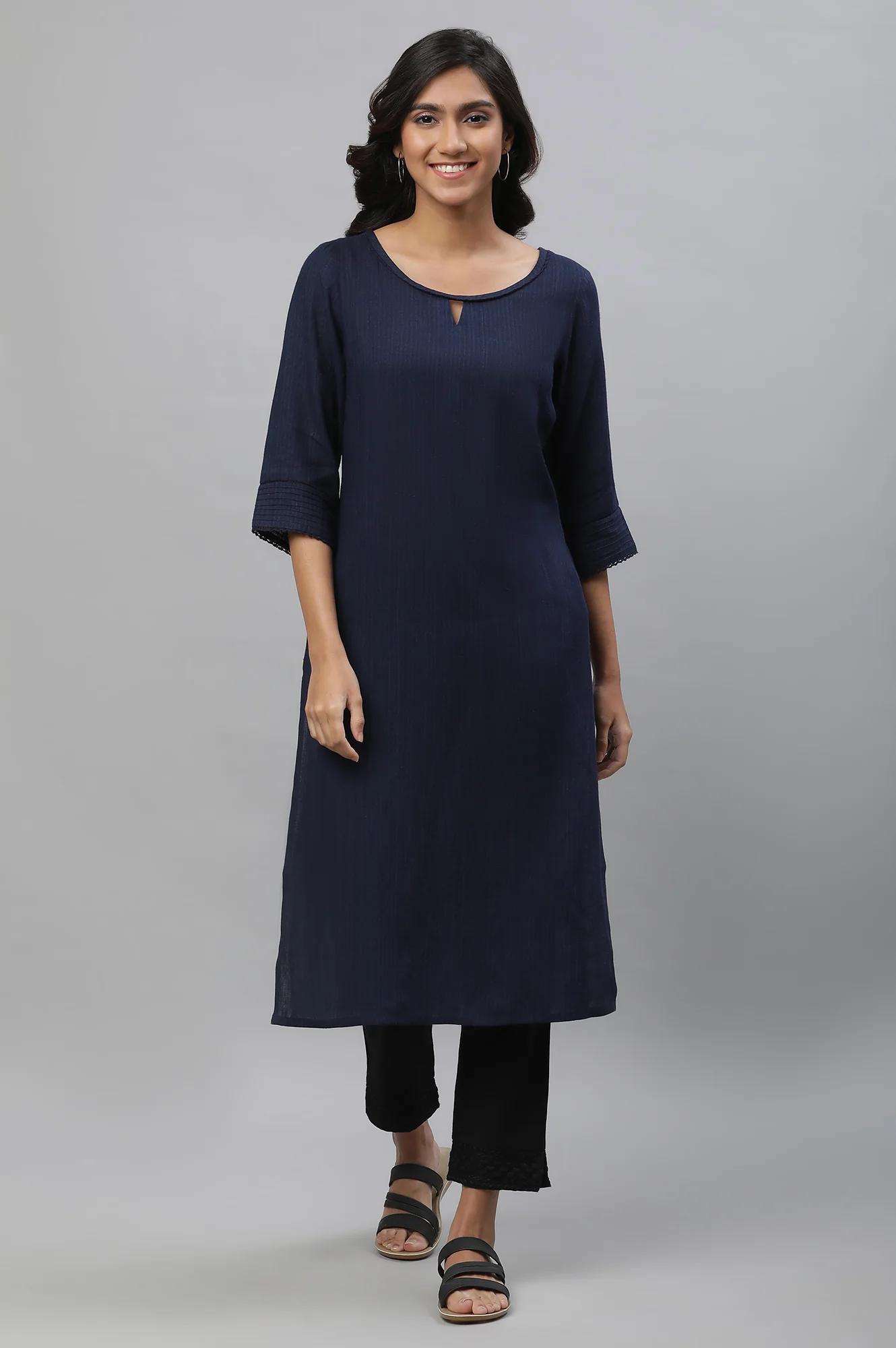 Blue Yarn Dyed Straight Kurta - Image 2