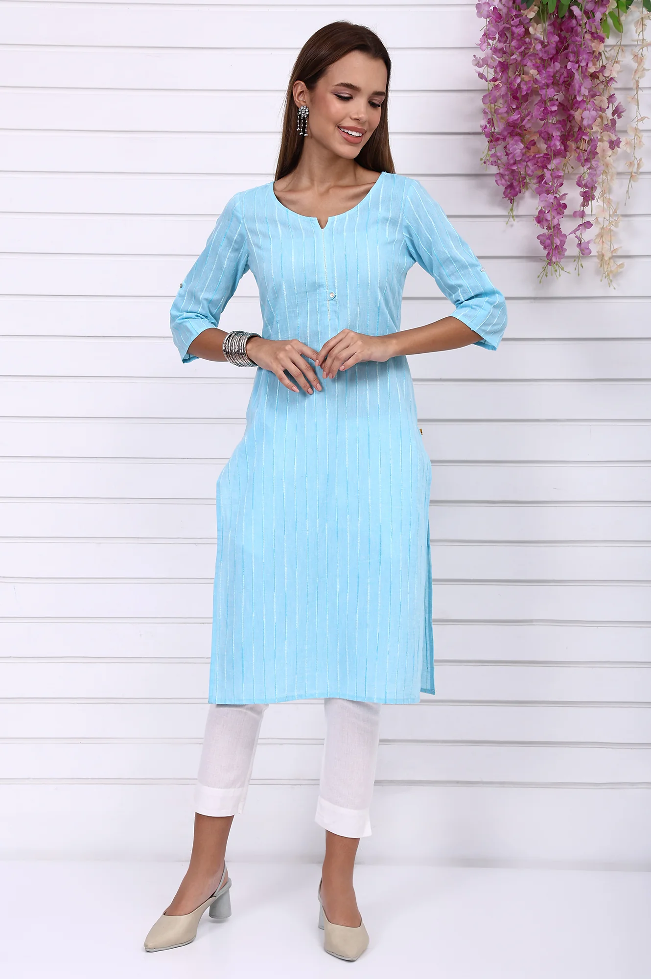 Blue Yarn Dyed Straight Kurta - Image 2