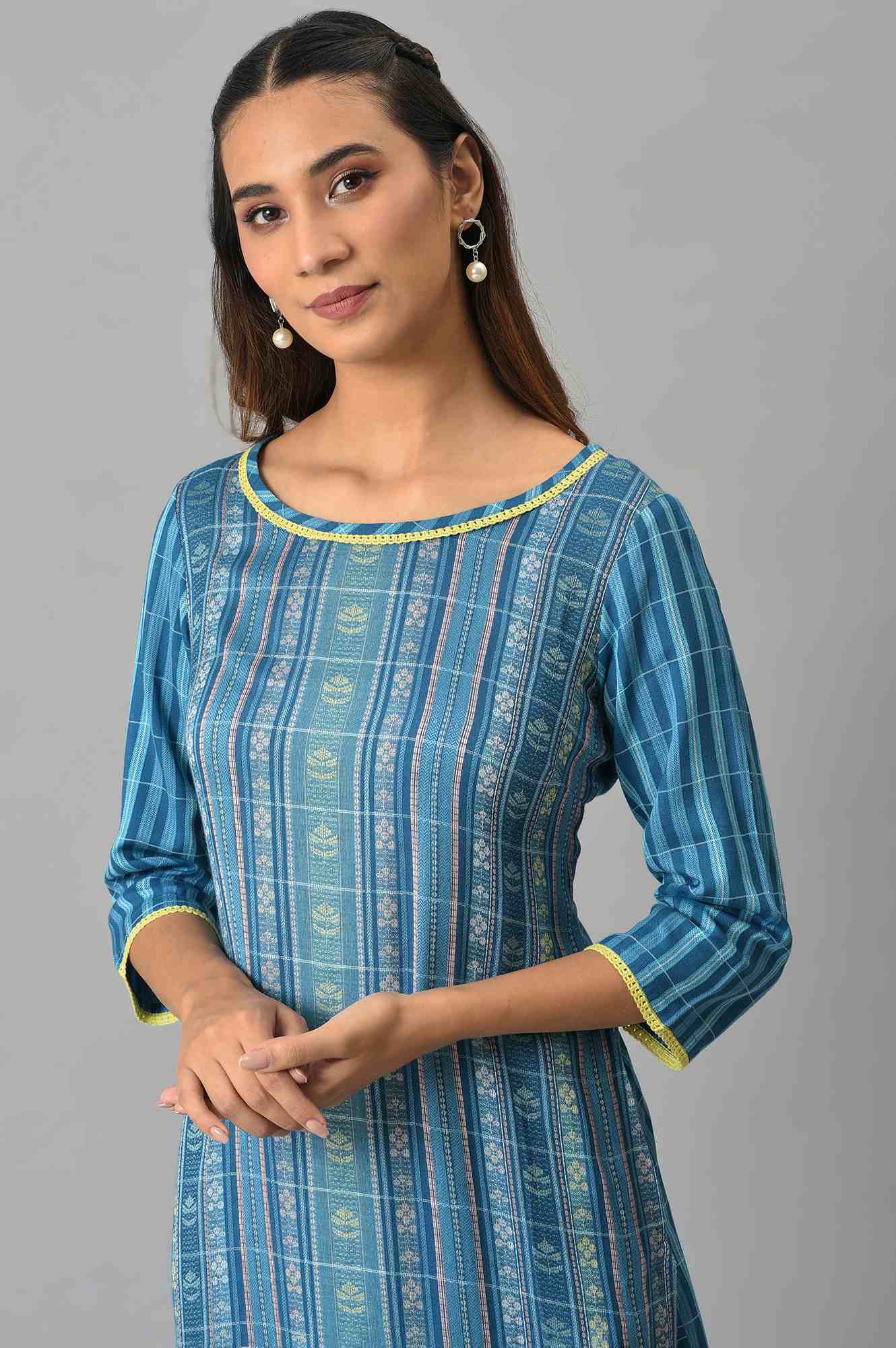 Blue Yarn Dyed Straight Kurta and Palazzo Set - Image 2