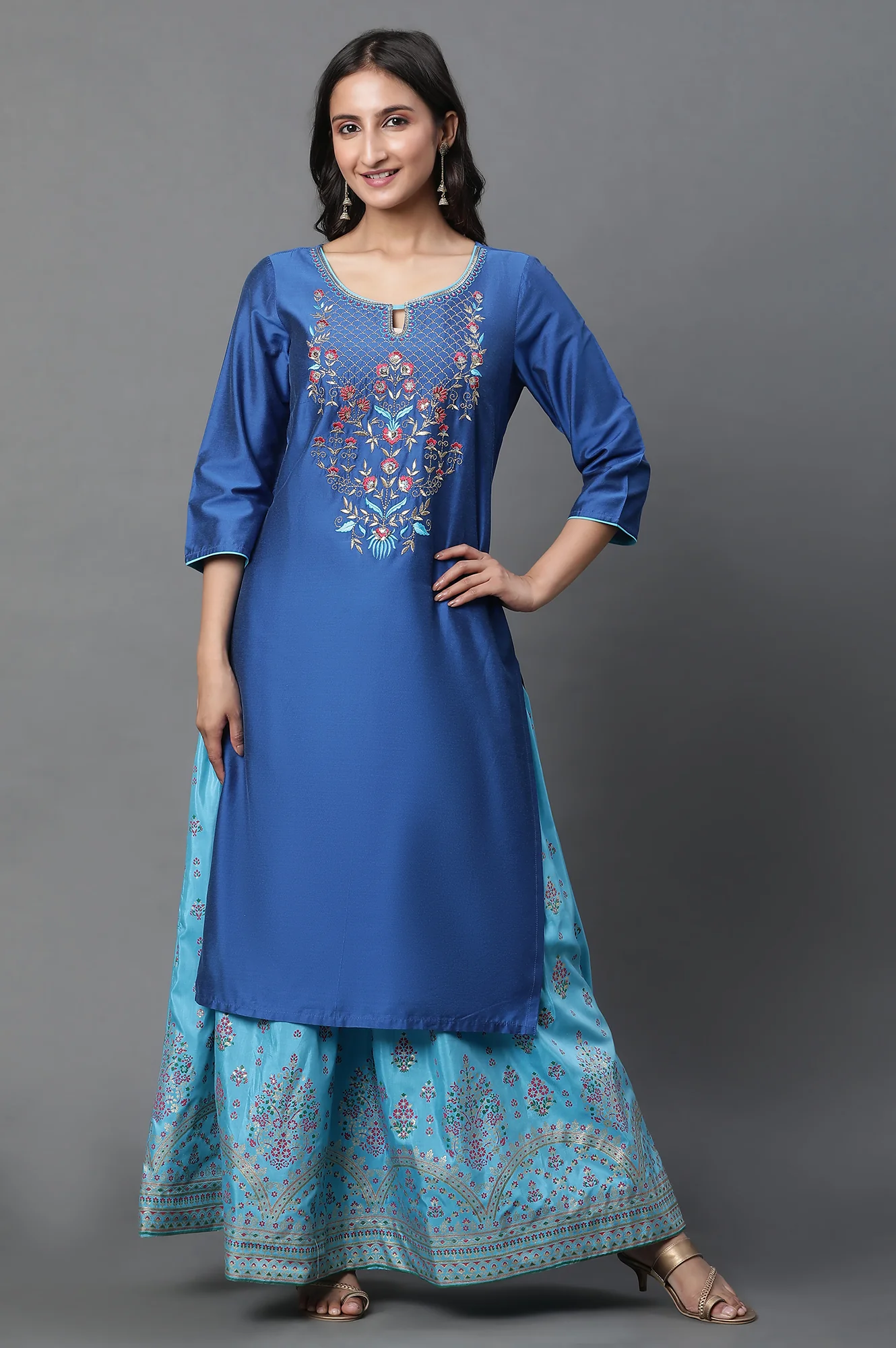 Blue Zari Embroidered Festive Kurta - Image 2