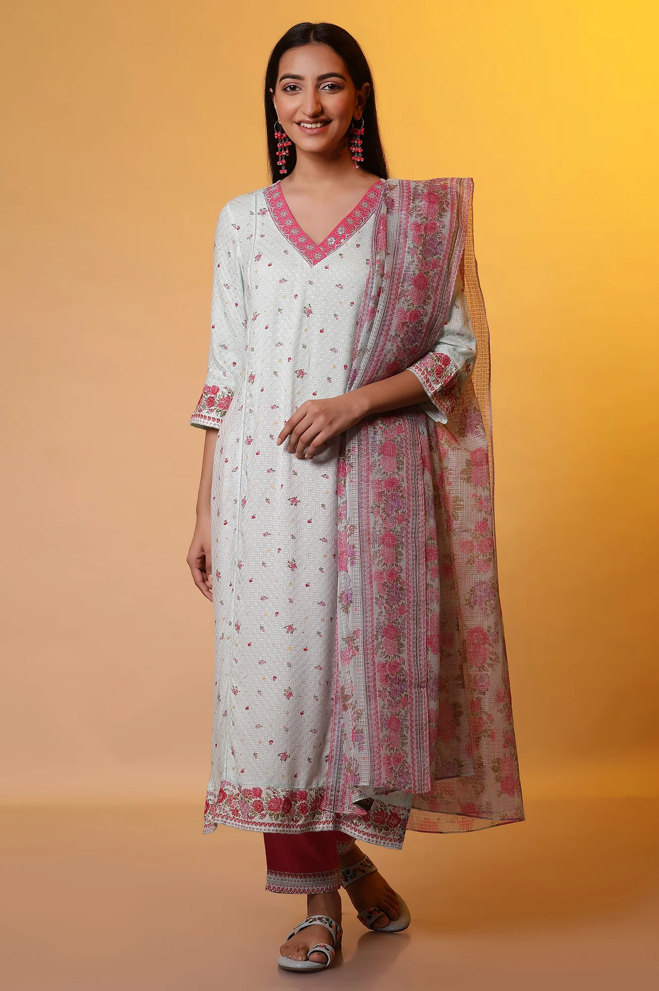 Blue Zari Embroidered Kurta, Pants and Kota Dupatta Set - Image 2