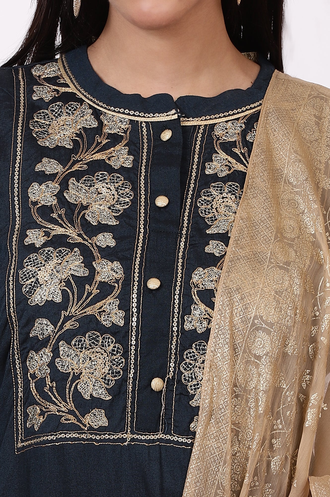 Blue Zari Embroidered Straight Kurta, Flared Skirt and Dupatta Set - Image 3