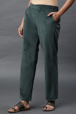 Green Solid Straight Fit Velvet Pants With Elasticated Waist - Image 2