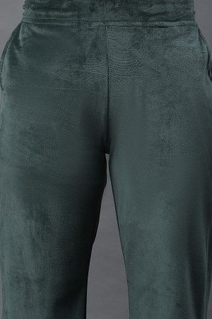 Green Solid Straight Fit Velvet Pants With Elasticated Waist - Image 6