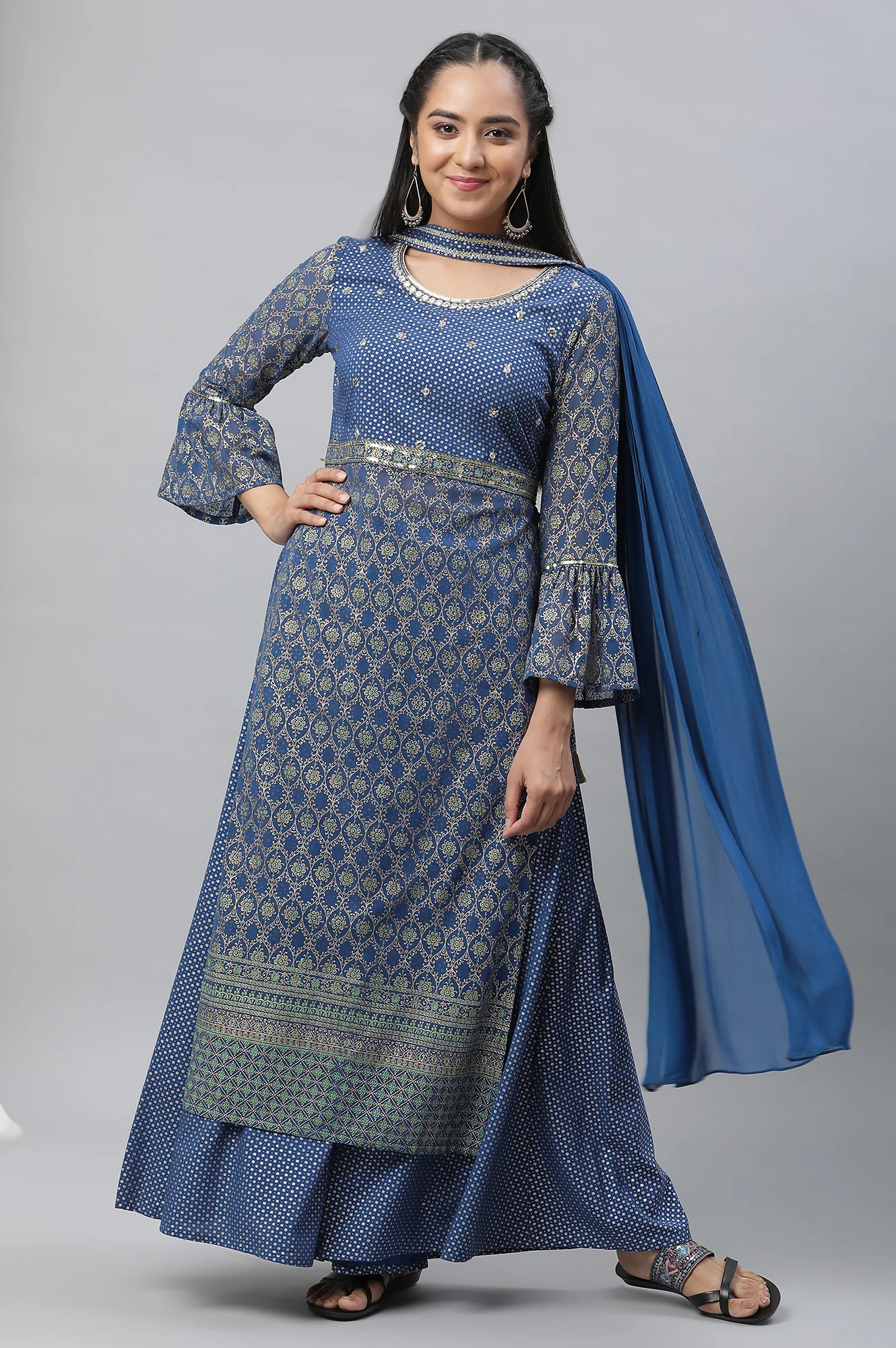 Bright Blue Embellished Kurta, Palazzo and Choker Dupatta - Image 2