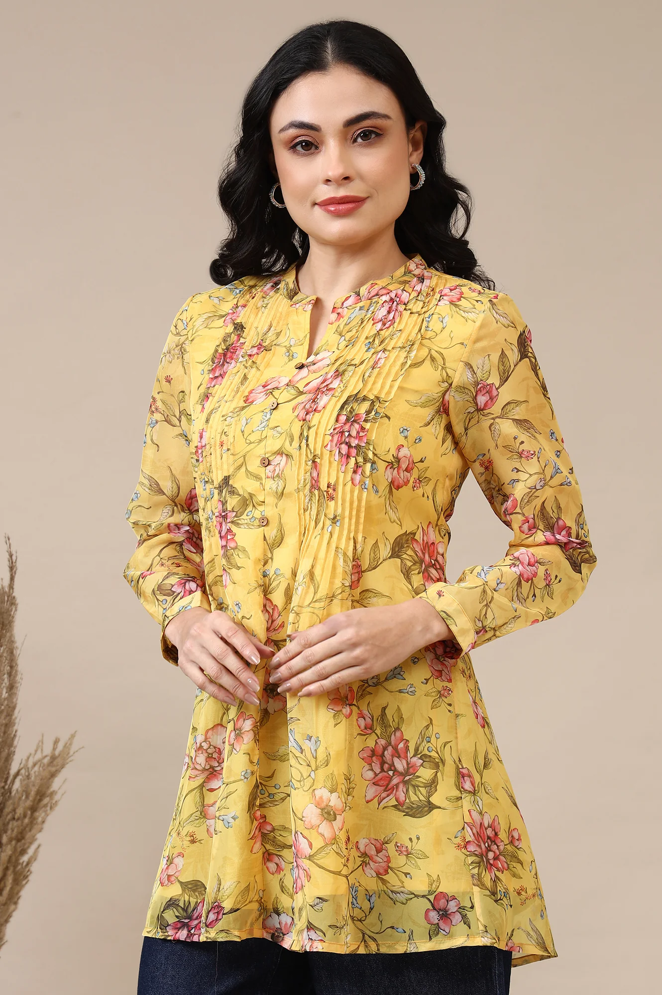 Bright Yellow Floral Printed Organza Kurti - Image 5