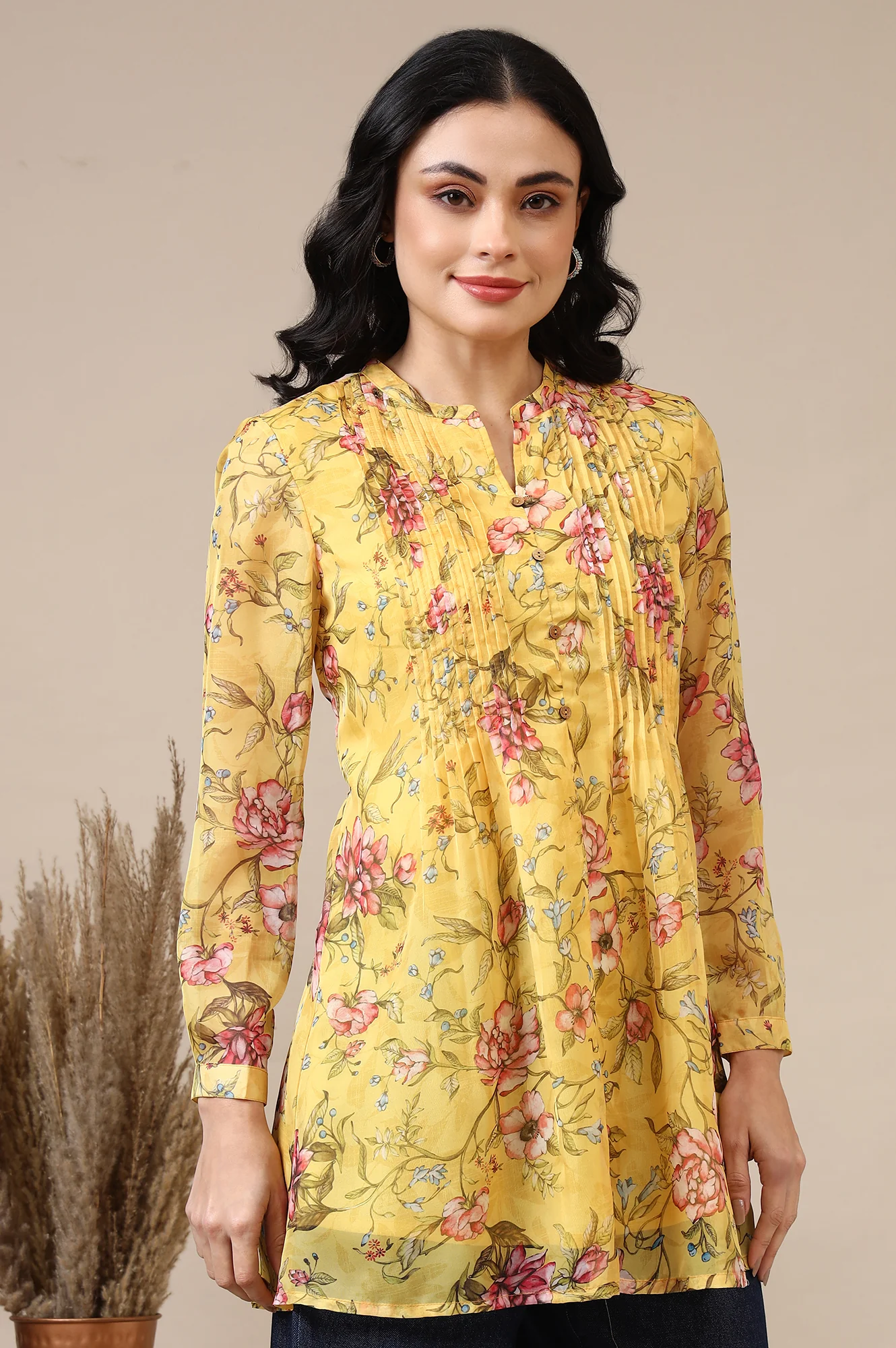 Bright Yellow Floral Printed Organza Kurti - Image 7