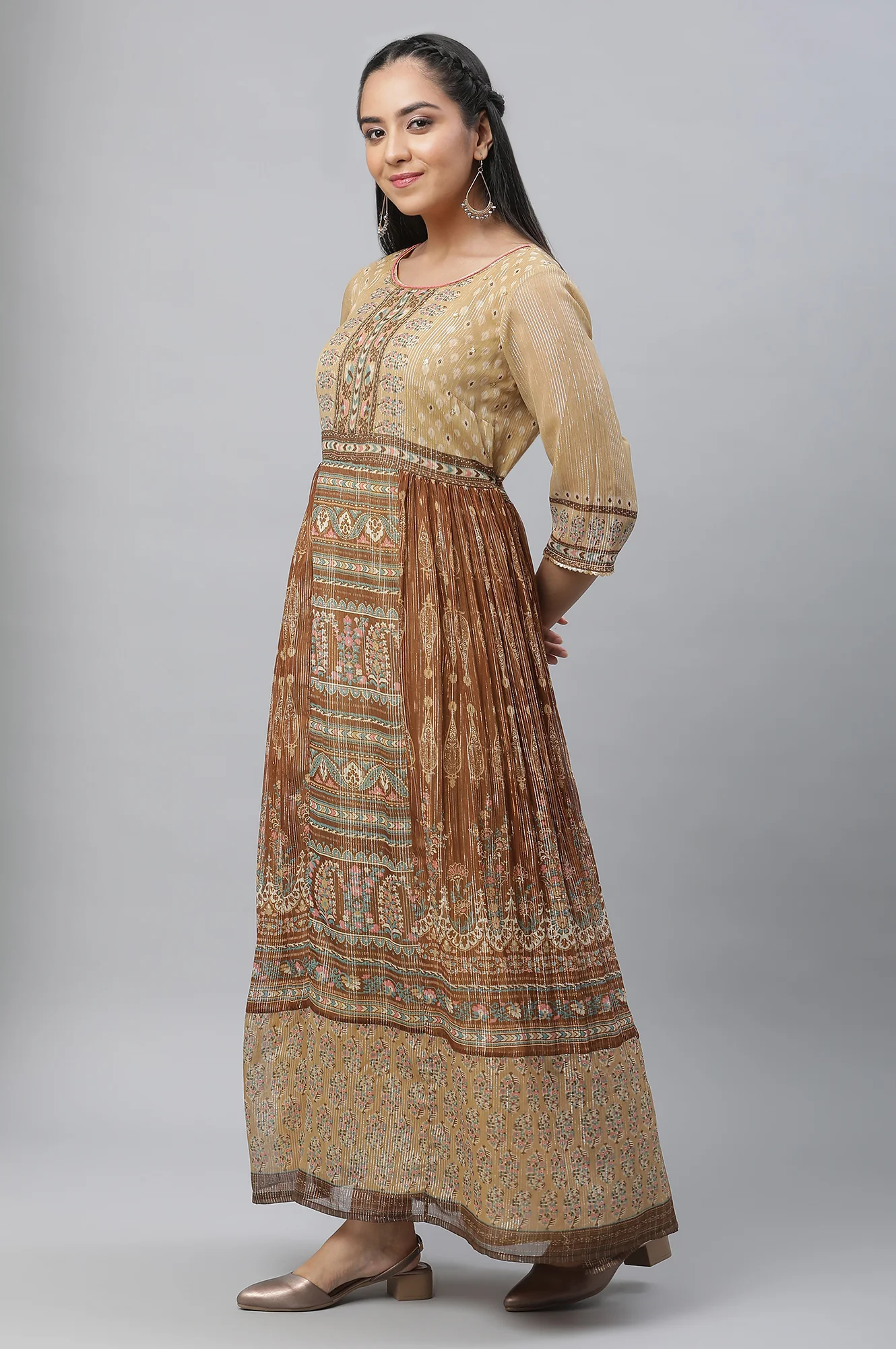 Browm Printed and Embellished Festive Flared Dress - Image 3