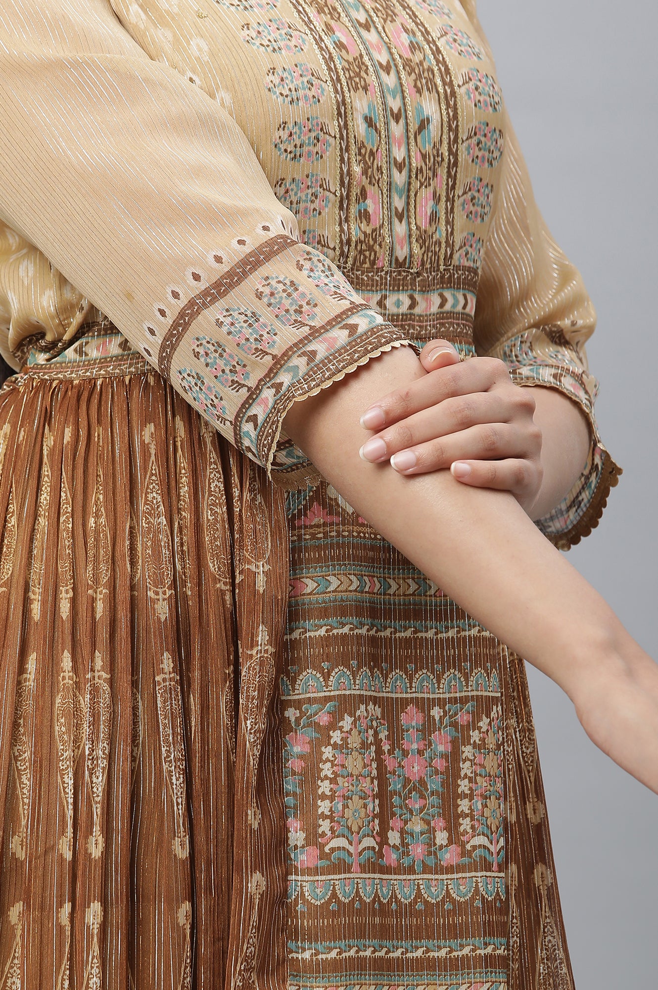 Browm Printed and Embellished Festive Flared Dress - Image 7