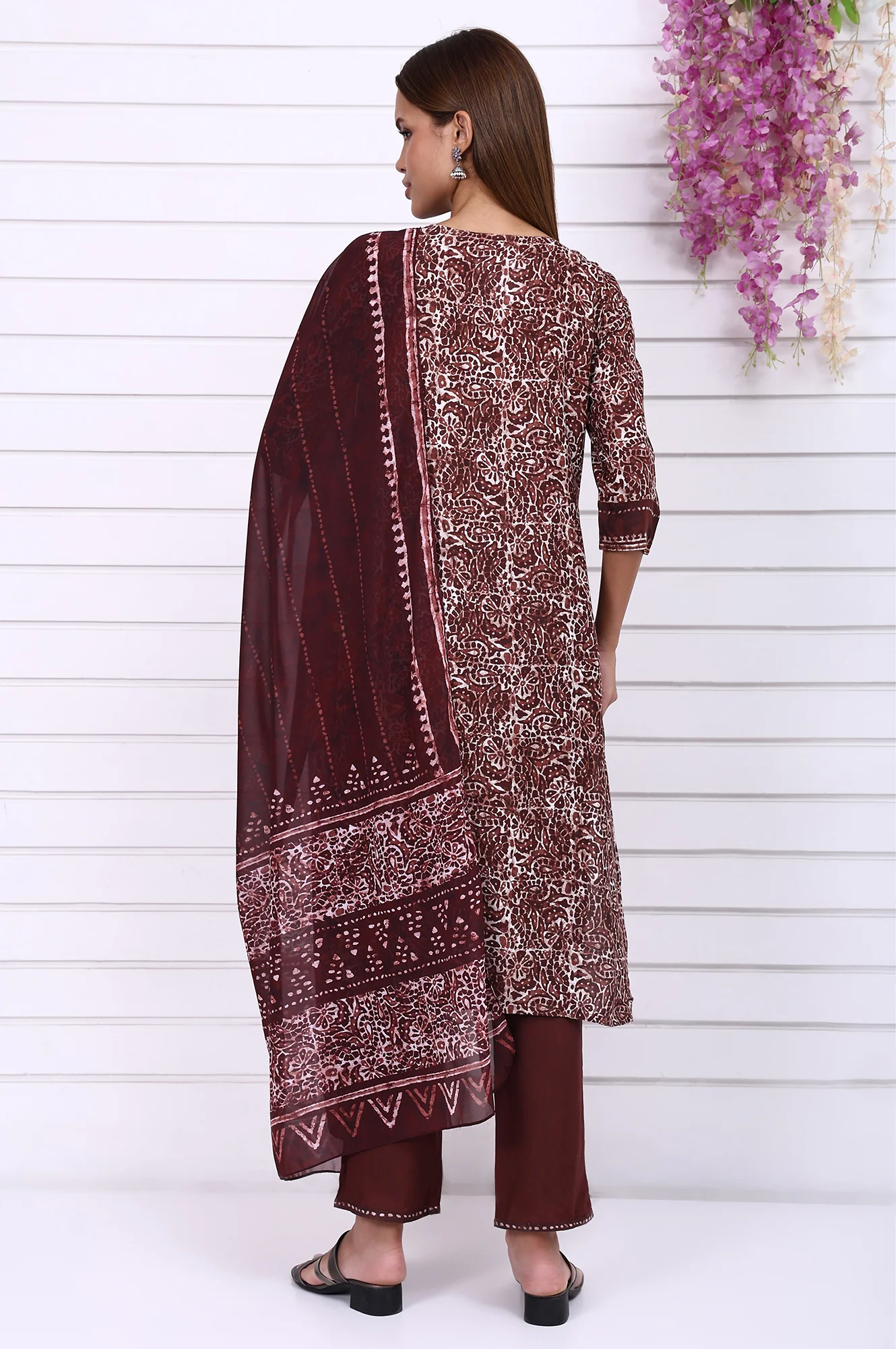 Brown Batik Printed Sequins Modal Straight Kurta, Trousers and Dupatta Set - Image 5