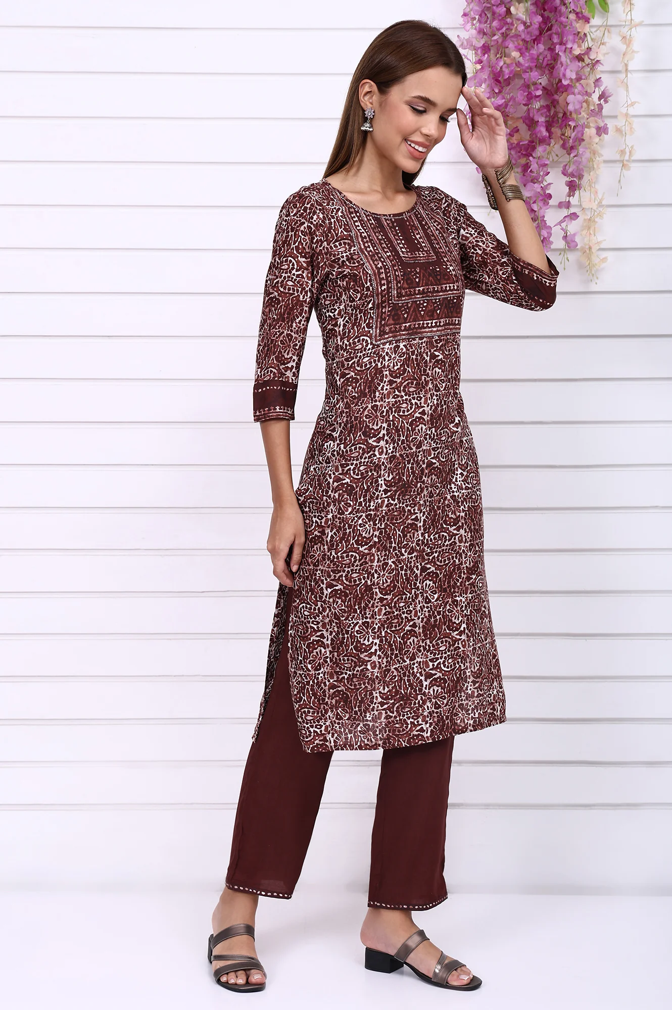 Brown Batik Printed Sequins Modal Straight Kurta, Trousers and Dupatta Set - Image 6