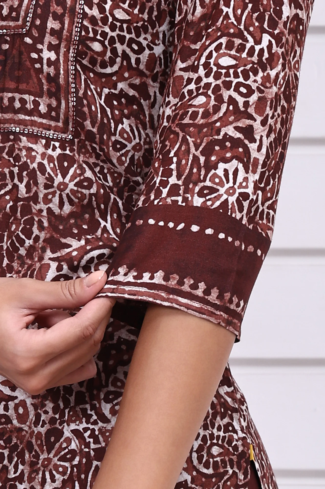 Brown Batik Printed Sequins Modal Straight Kurta, Trousers and Dupatta Set - Image 7