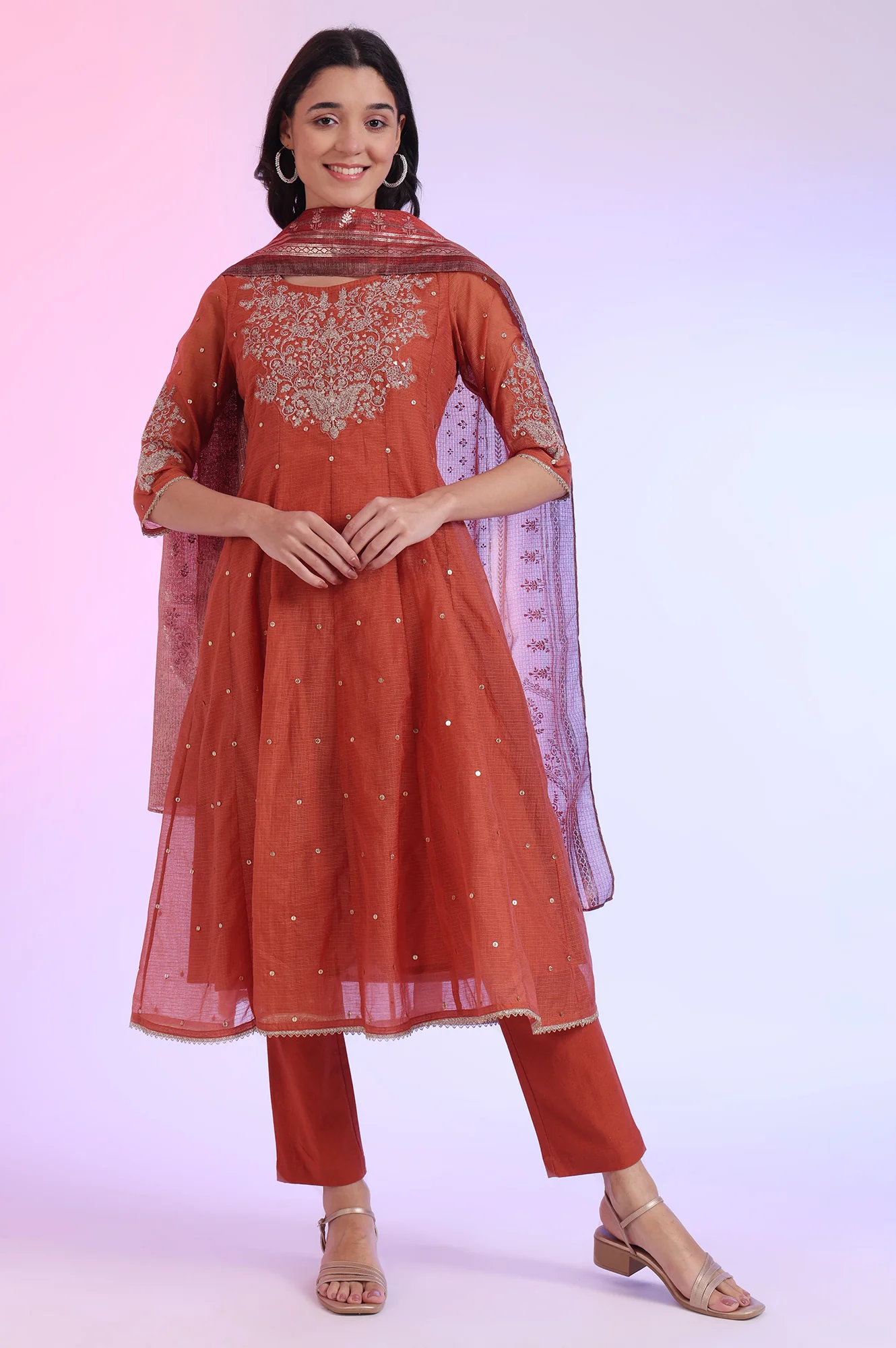 Brown Embroidered Anarkali with Trousers & Dupatta Set - Image 2