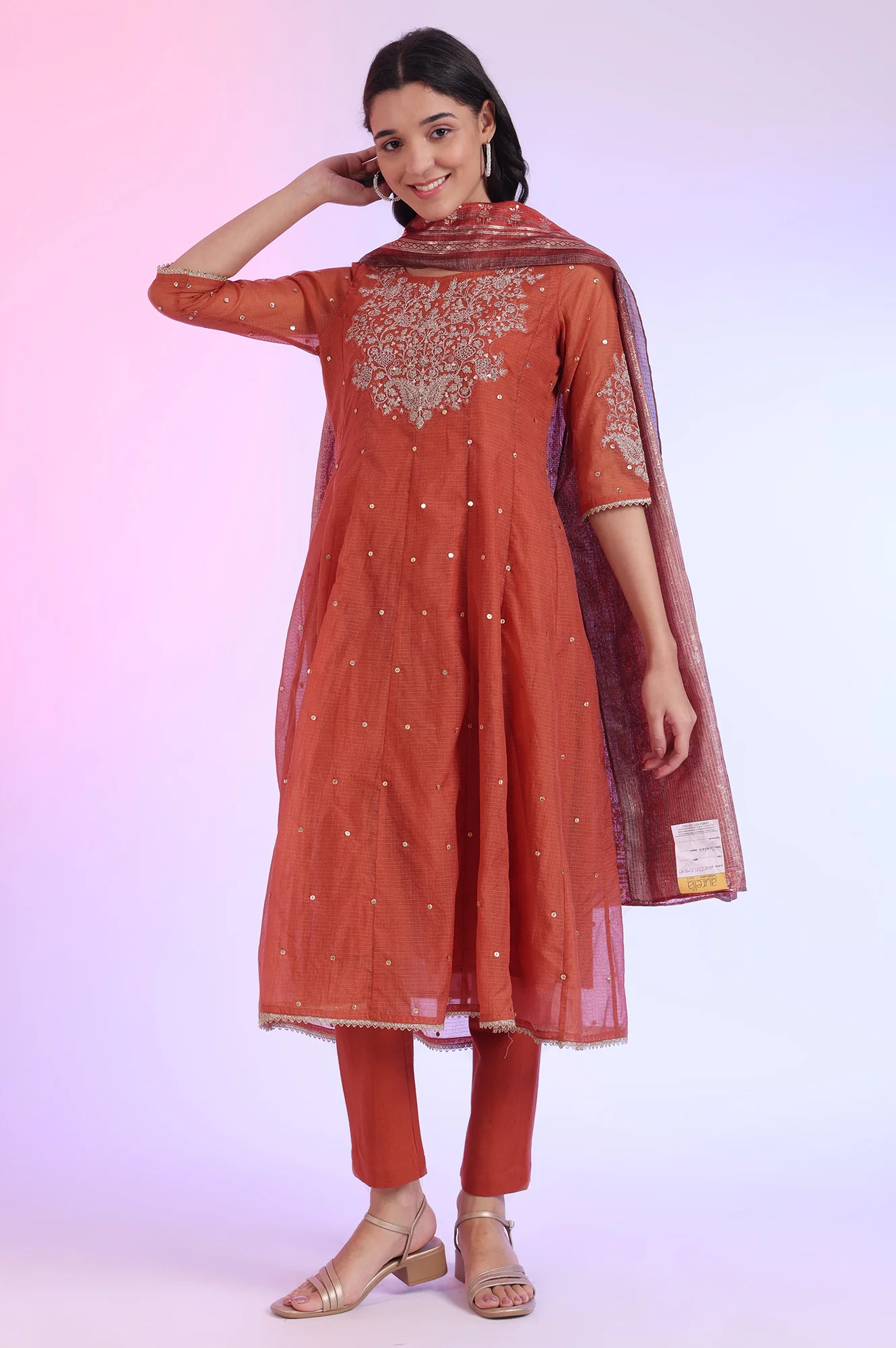 Brown Embroidered Anarkali with Trousers & Dupatta Set - Image 4