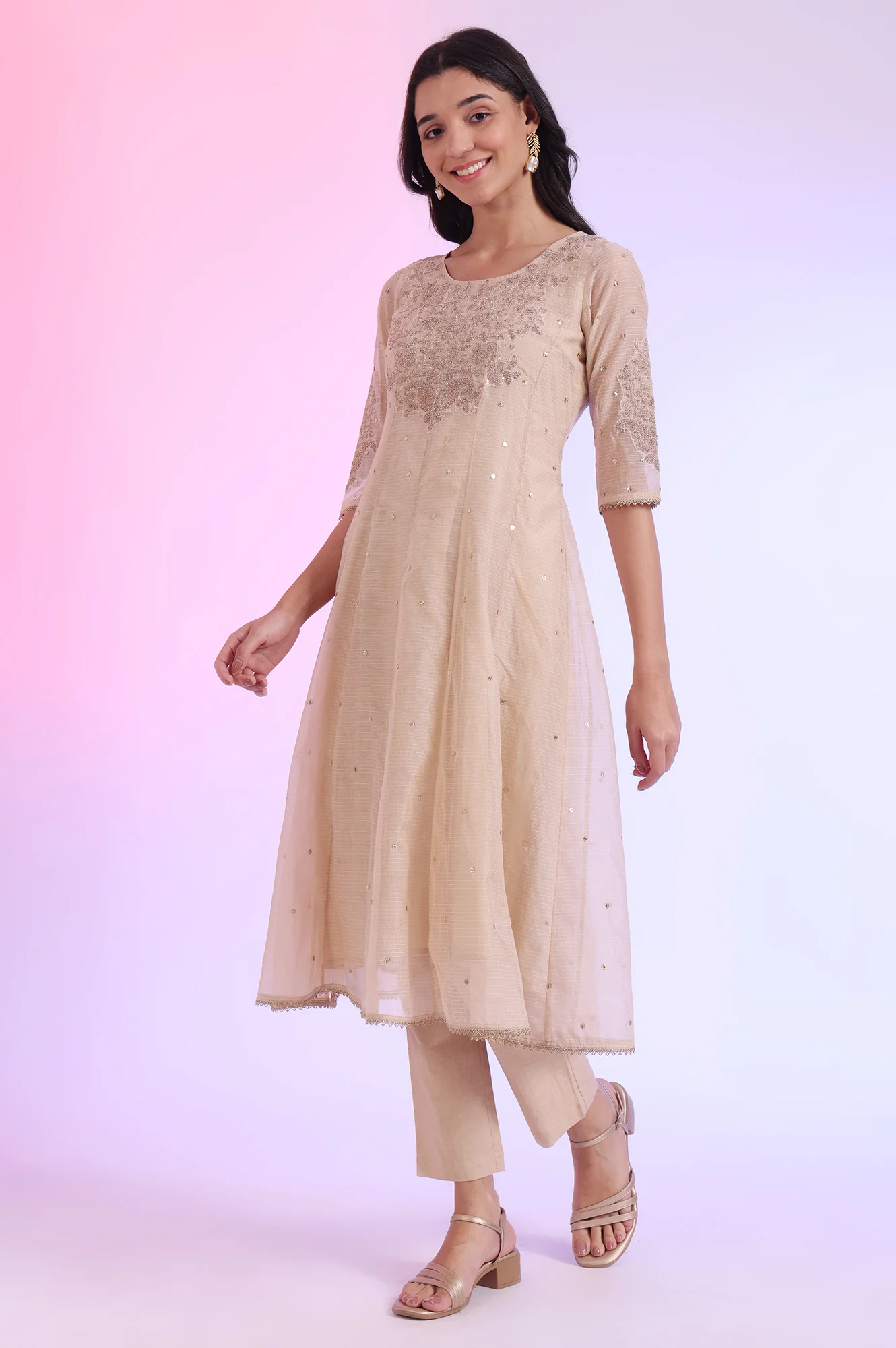 Brown Embroidered Anarkali with Trousers & Dupatta Set - Image 5
