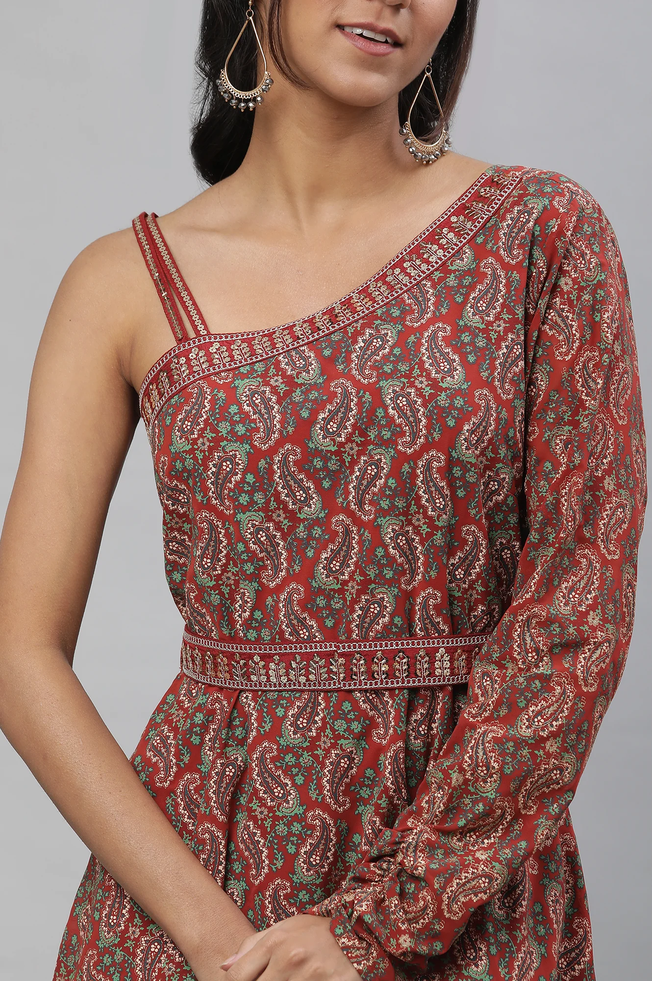 Brown Layered Dress with Asymmetrical Sleeves - Image 6