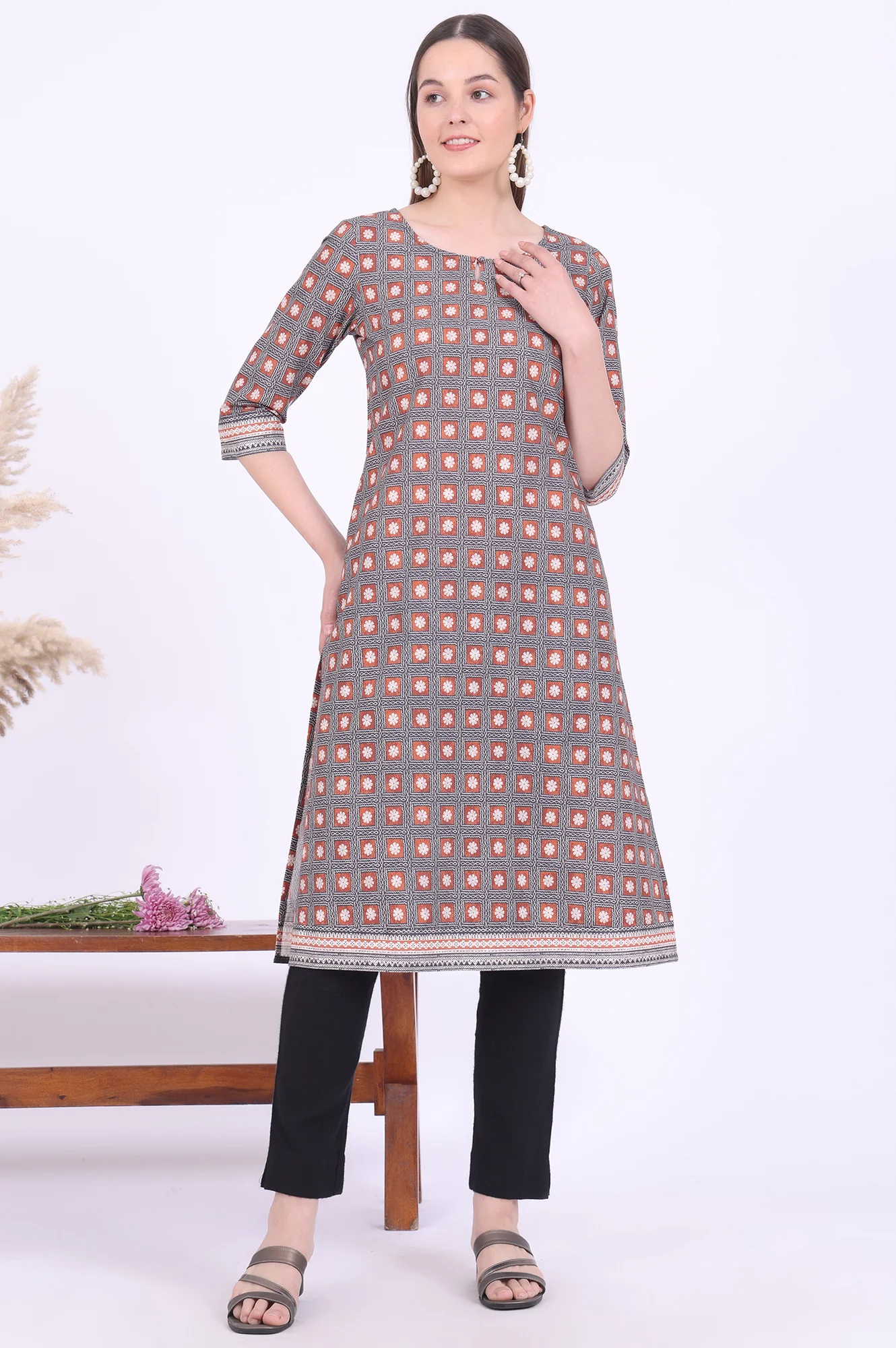 Brown Printed Straight Modal Kurta - Image 2
