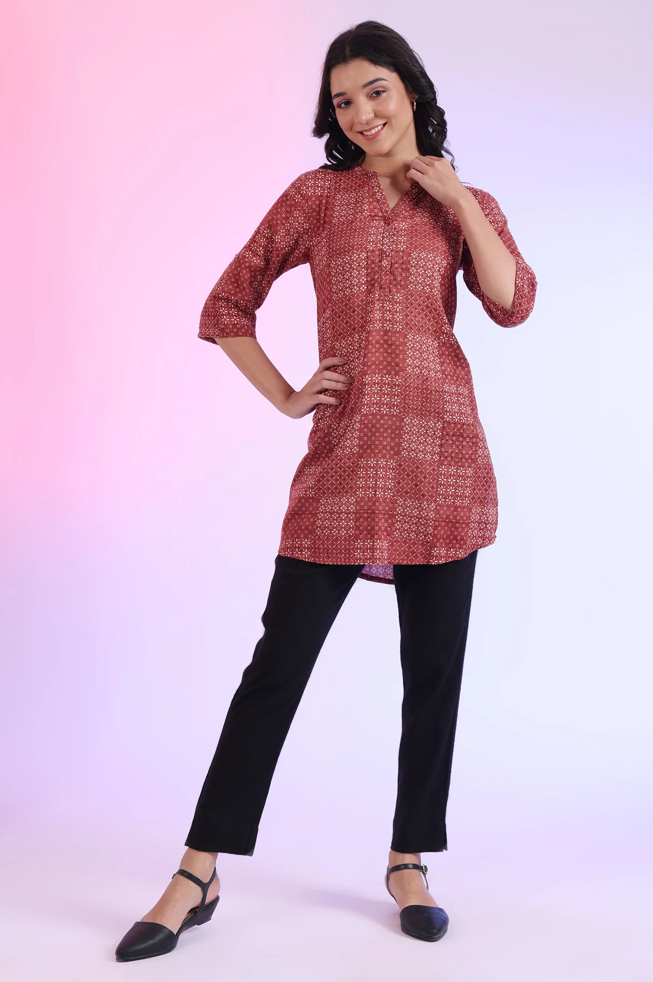 Brown Printed Straight Pure Cotton Kurti - Image 2