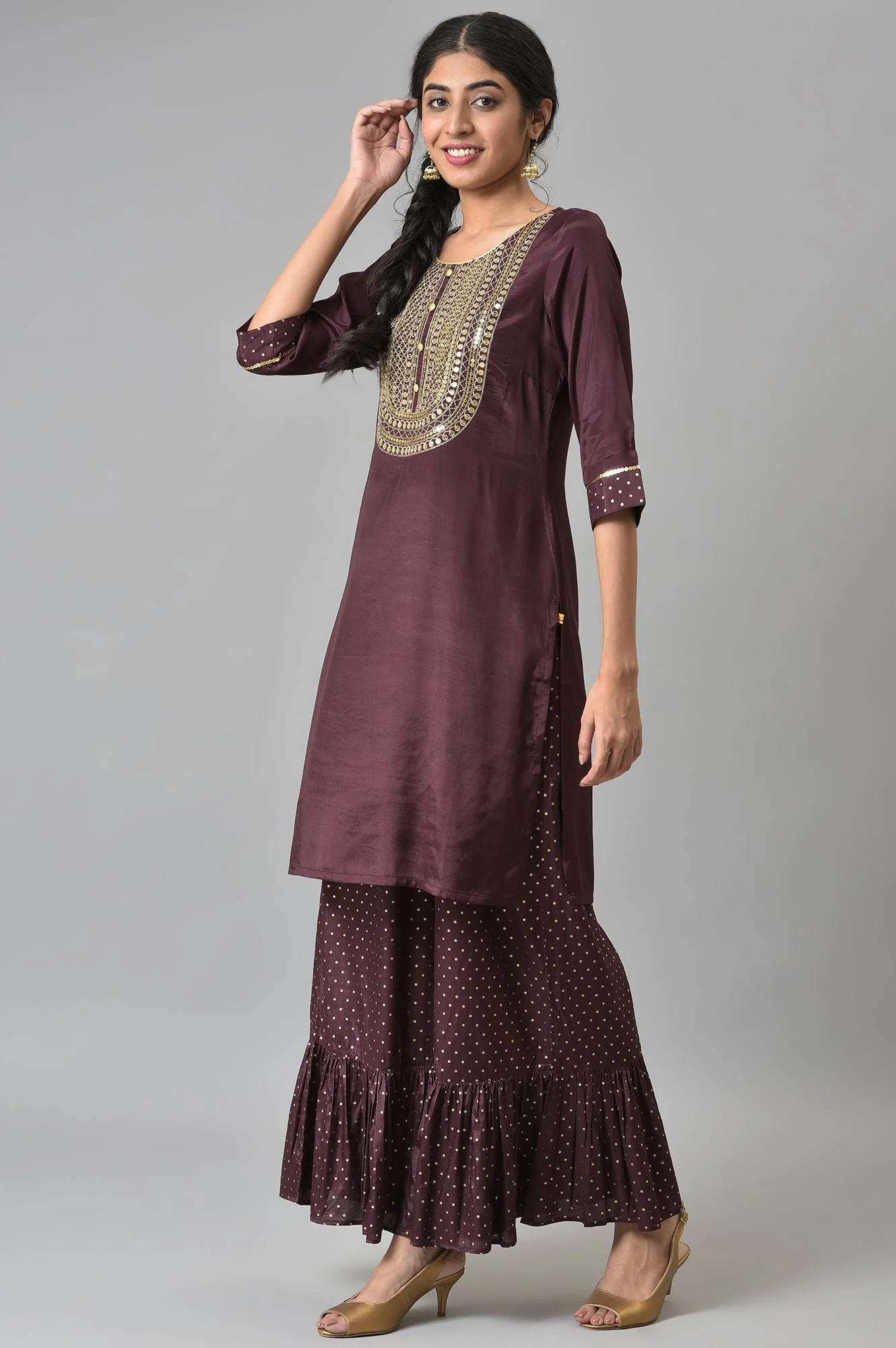 Brown Shantung Liva Kurta With Gathered Sharara - Image 4