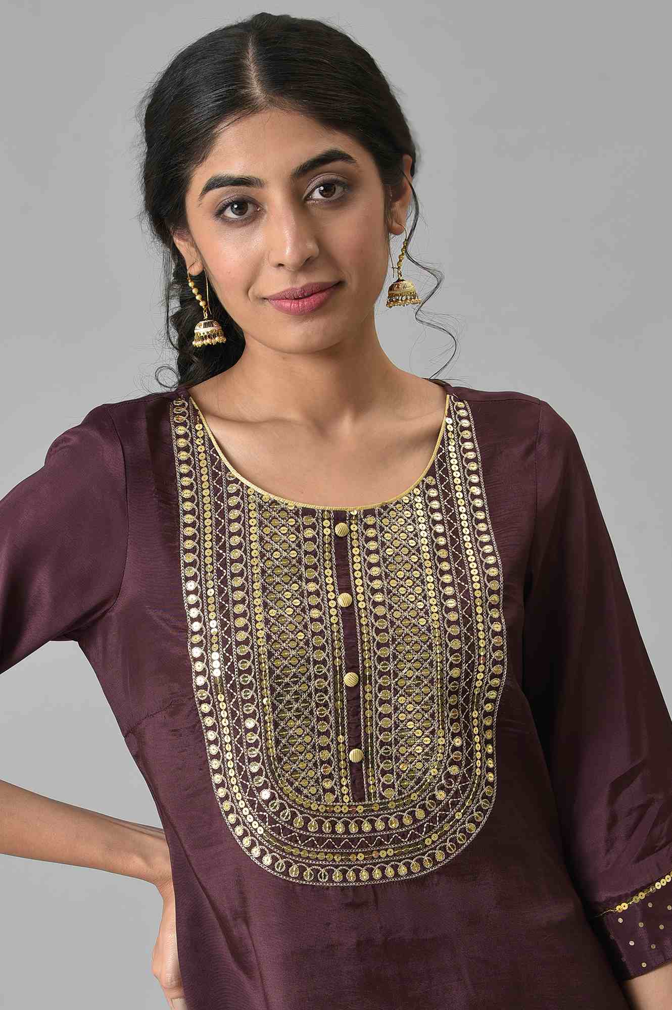 Brown Shantung Liva Kurta With Gathered Sharara - Image 6