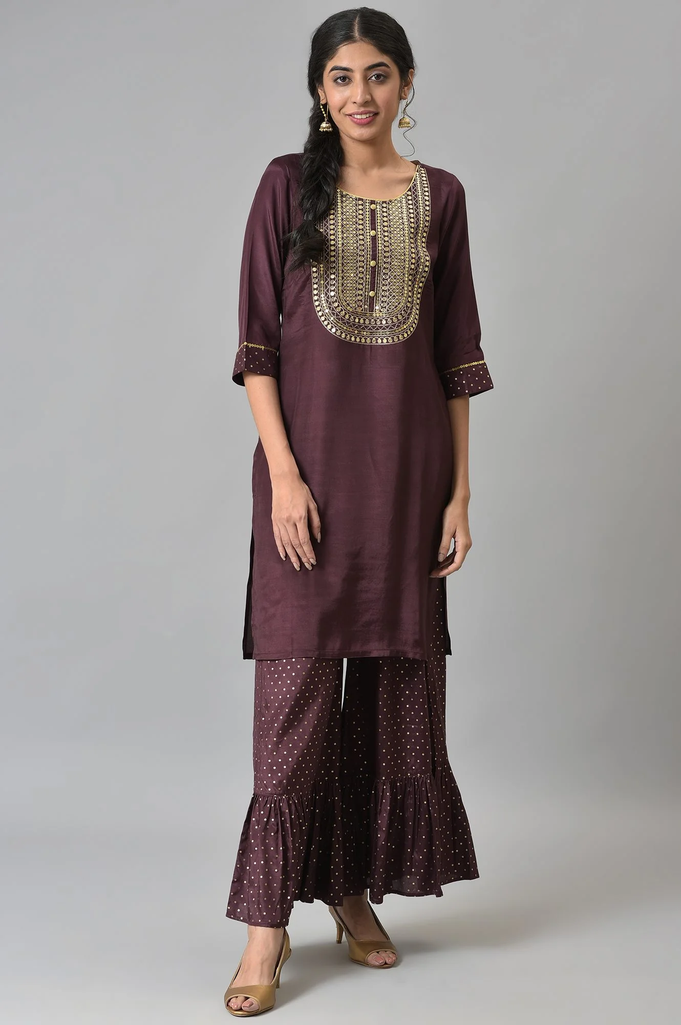 Brown Shantung Liva Kurta With Gathered Sharara - Image 7