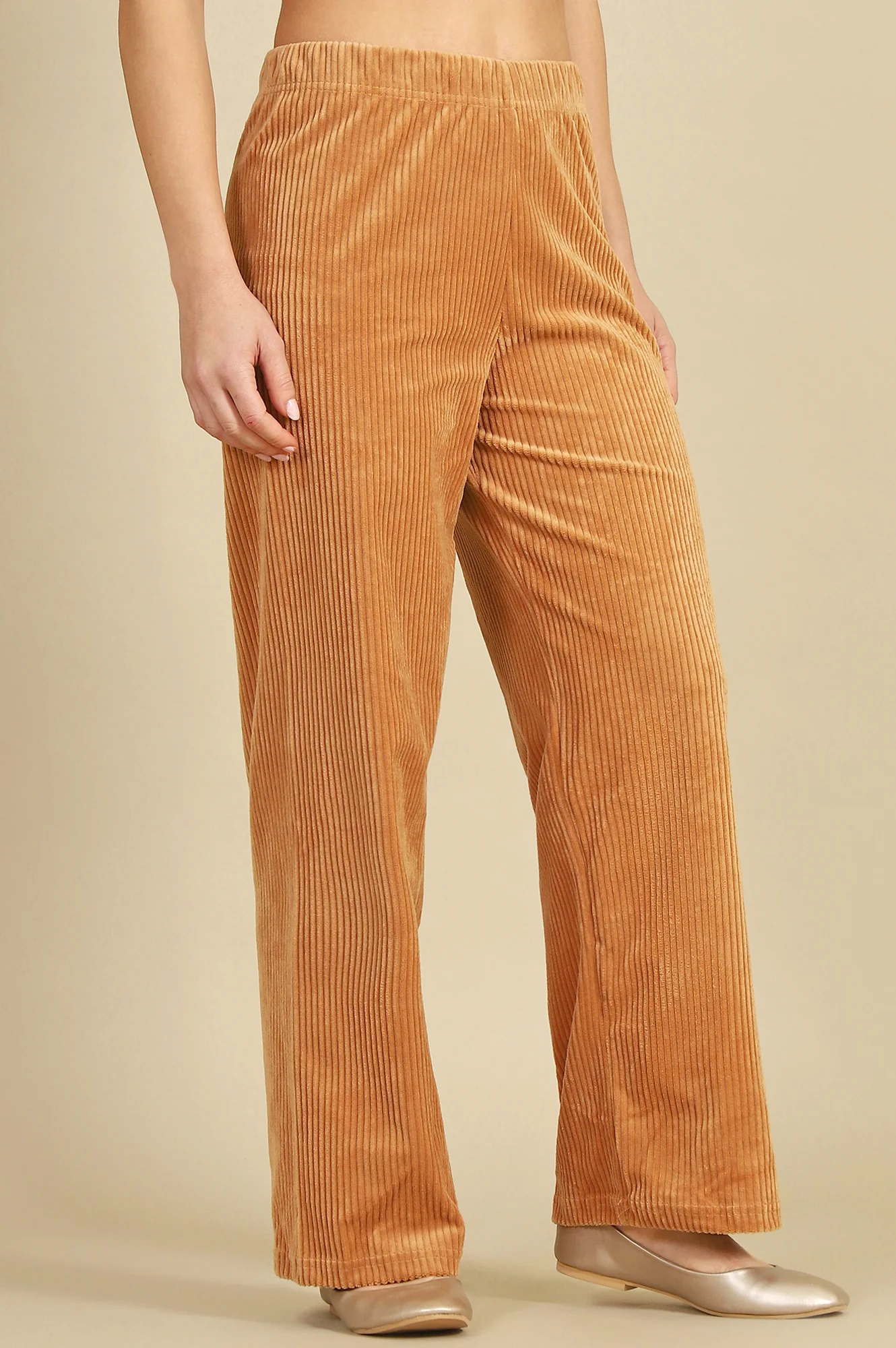Brown Solid Straight Fit Cotton Pants With Elasticated Waist - Image 6