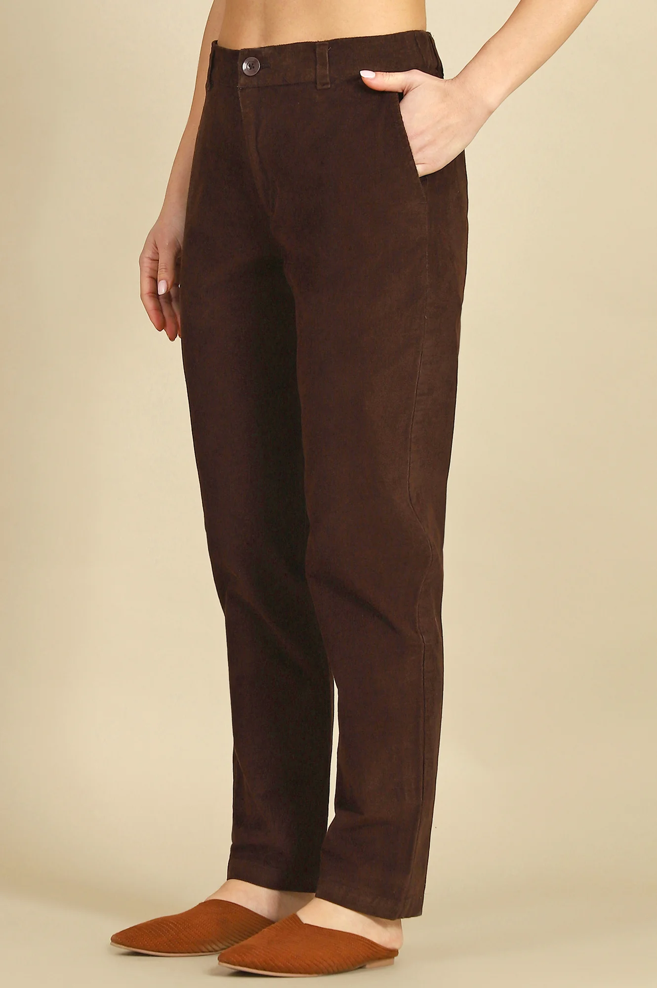 Brown Solid Straight Fit Cotton Pants with YKK Zipper - Image 4