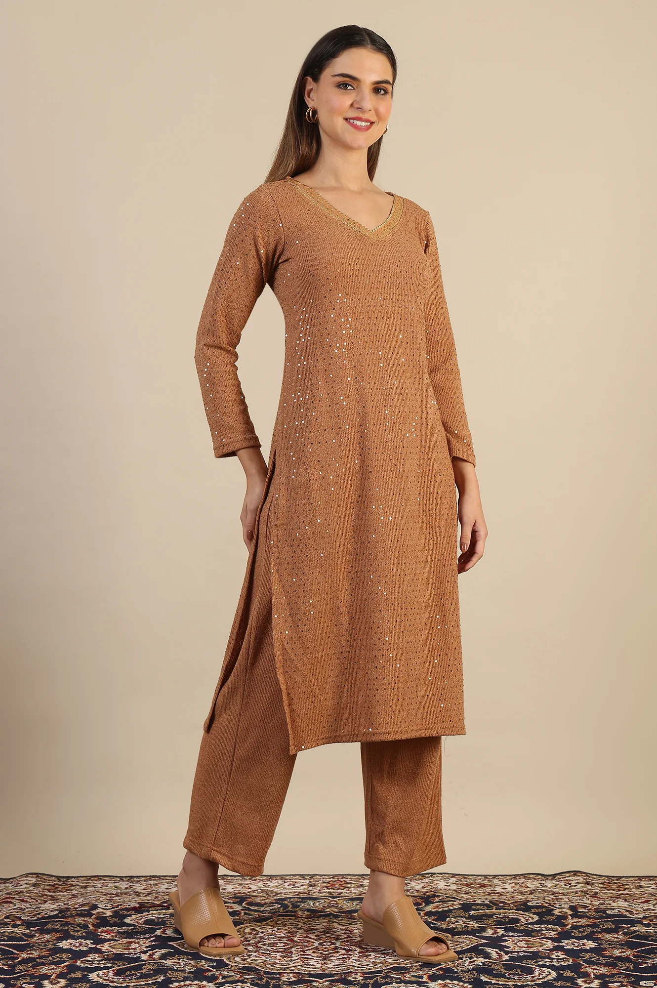 Brown Yarn Dyed Sequins Straight Kurta & Pant Set - Image 6