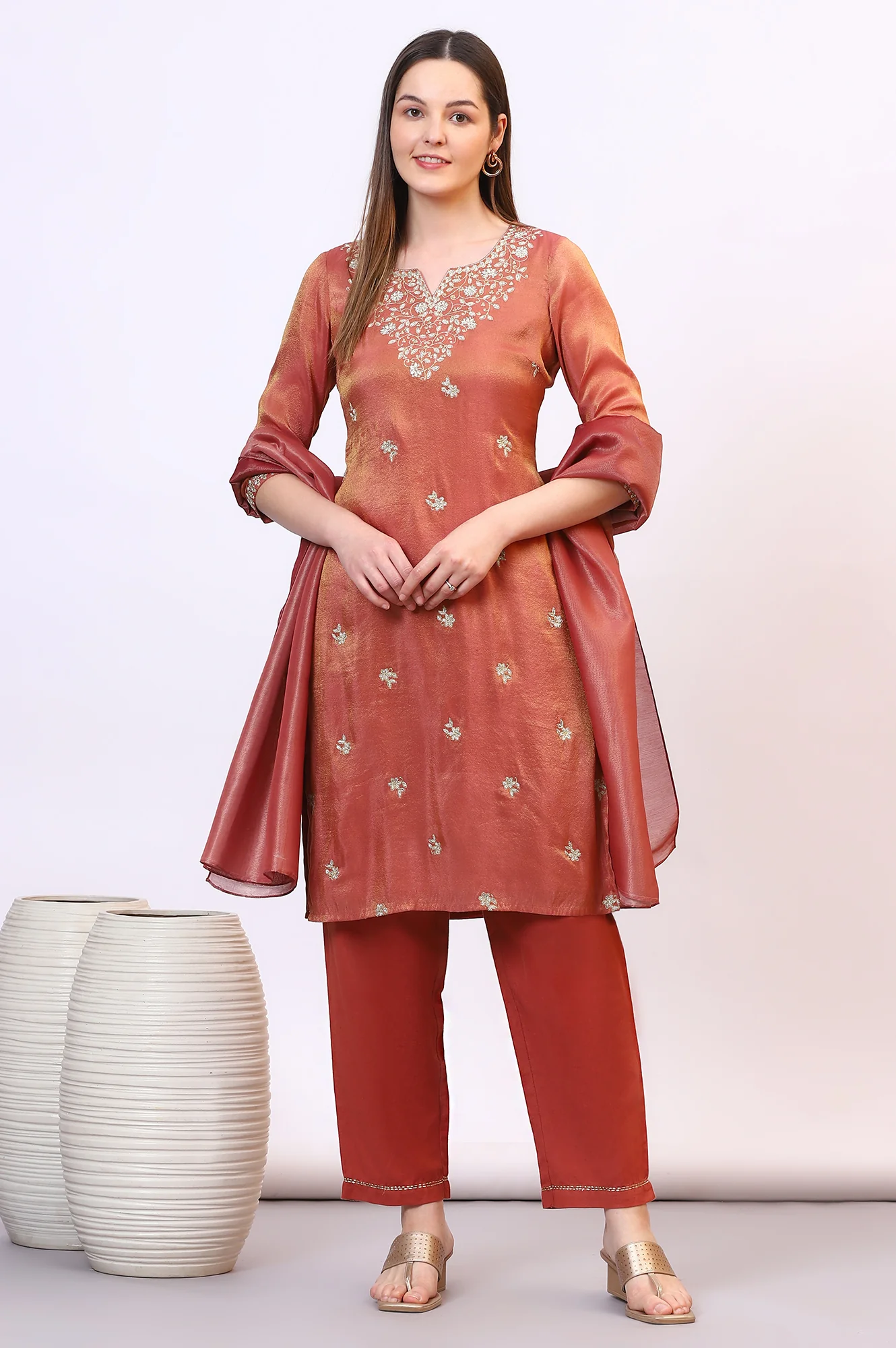 Brown Zari Embroidered Festive Straight Kurta, Palazzo Set with Dupatta - Image 3