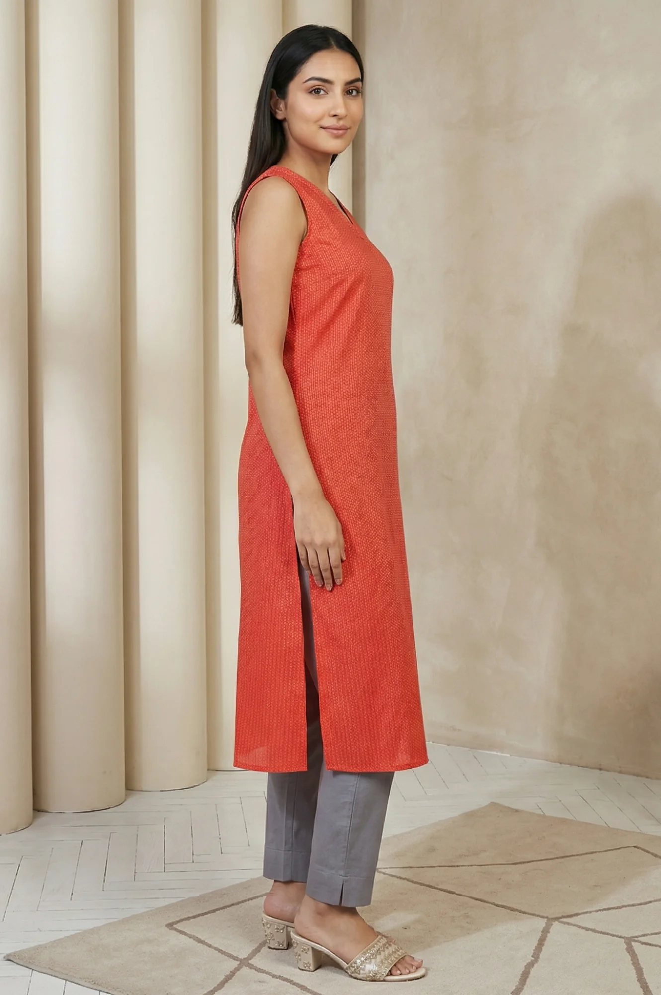 Coral Geometric Printed A-line Kurta - Image 5