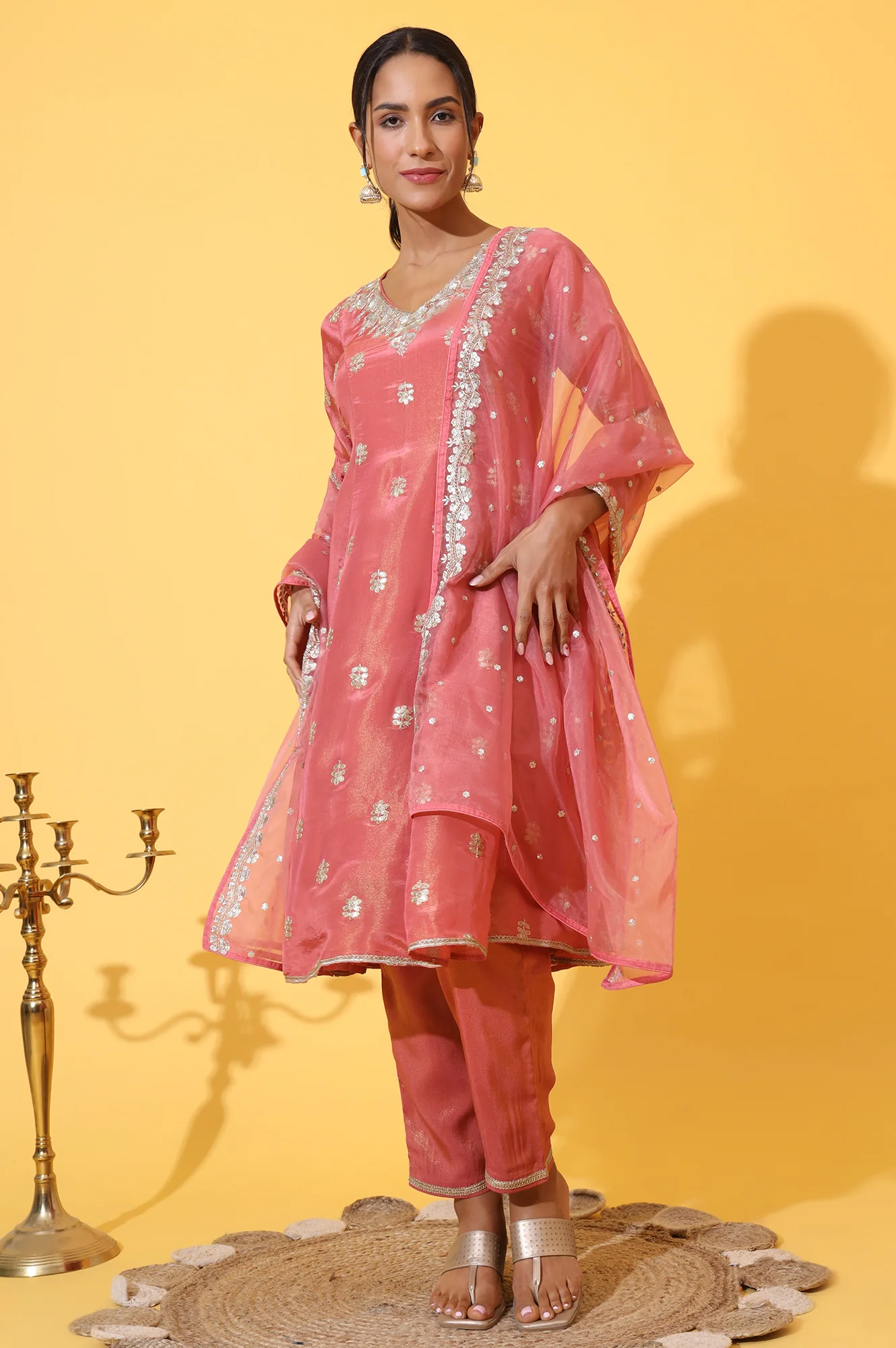 Coral Pink Zari Embroidered Anarkali Kurta, Trousers and Dupatta Set - Image 3