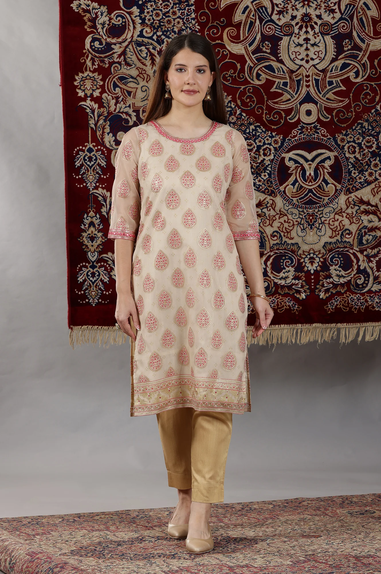 Cream Abstract Printed Organza Sheer Straight Kurta with Mirror Embroidered Neck - Image 3