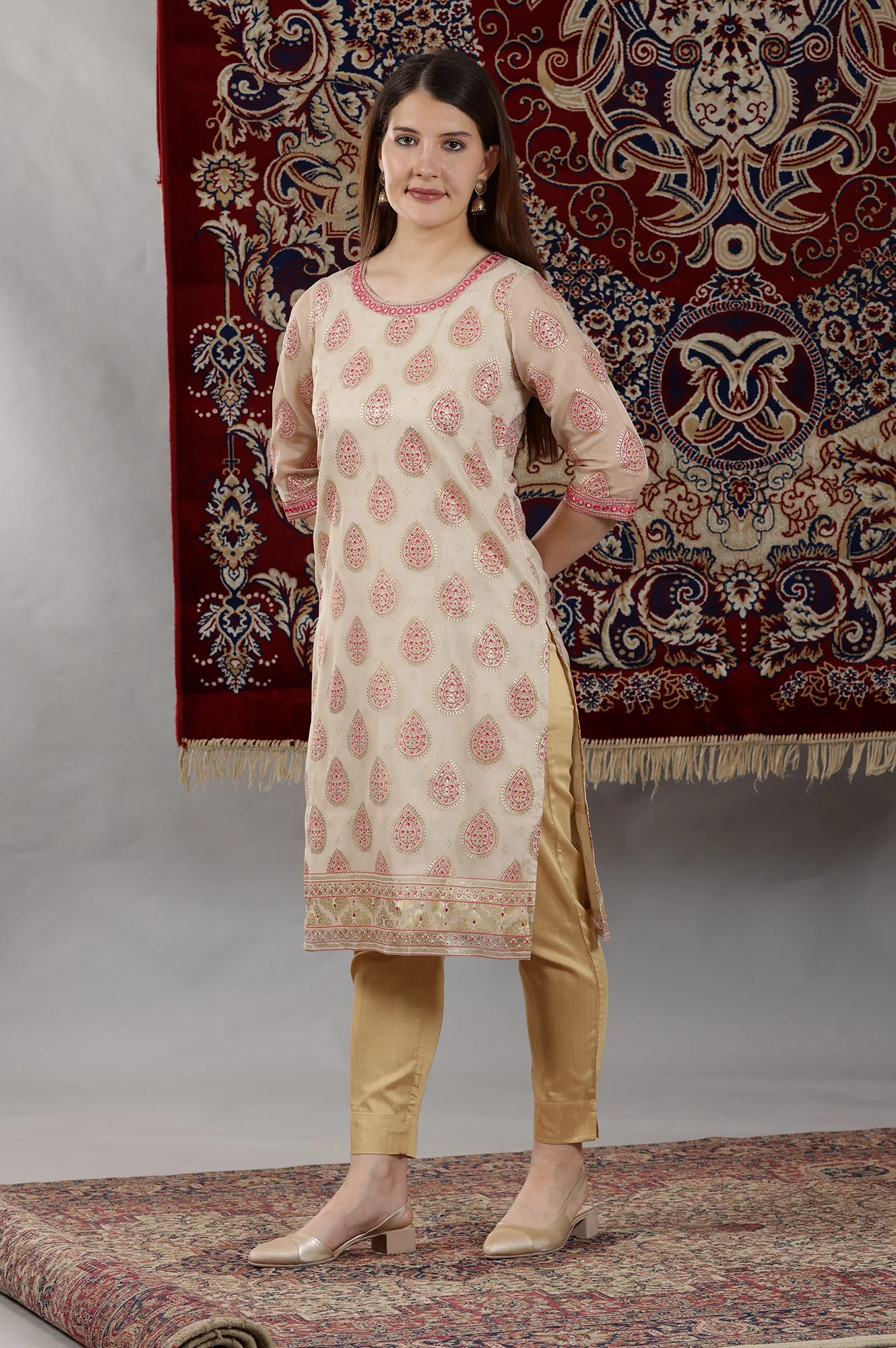 Cream Abstract Printed Organza Sheer Straight Kurta with Mirror Embroidered Neck - Image 7