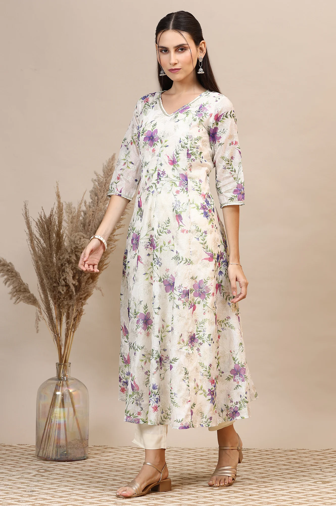 Cream Floral Printed Kota Anarkali Kurta with Lace - Image 5