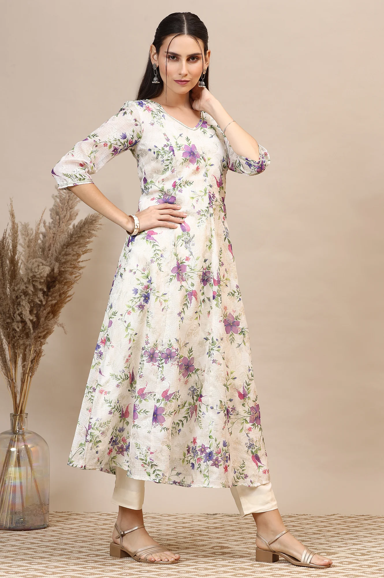 Cream Floral Printed Kota Anarkali Kurta with Lace - Image 7