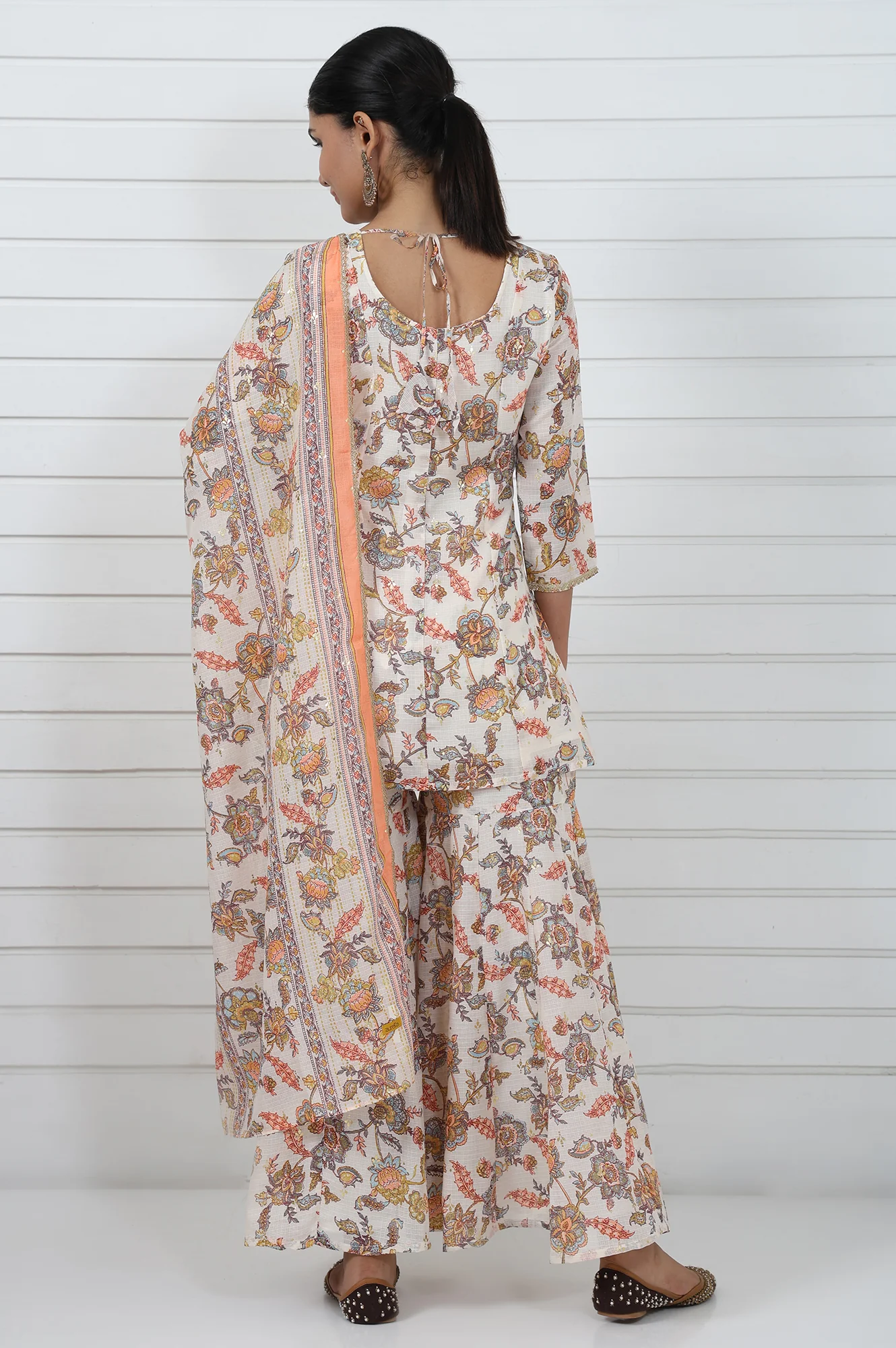 Cream Printed Printed Lace A-Line Kurta, Sharara And Dupatta Set - Image 8