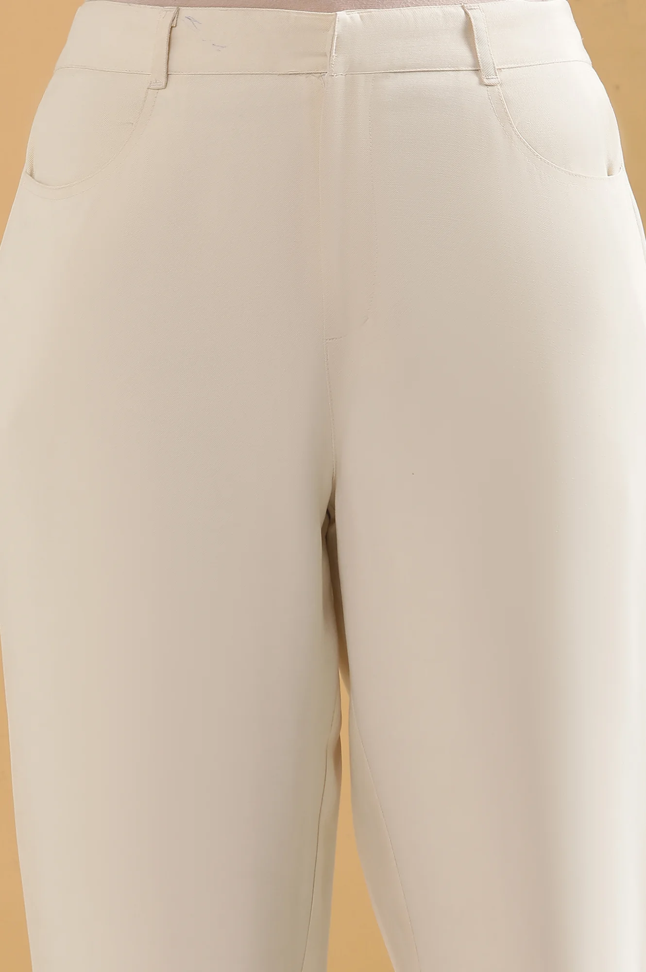 Cream Solid Tapered Rayon Trouser - Image 6