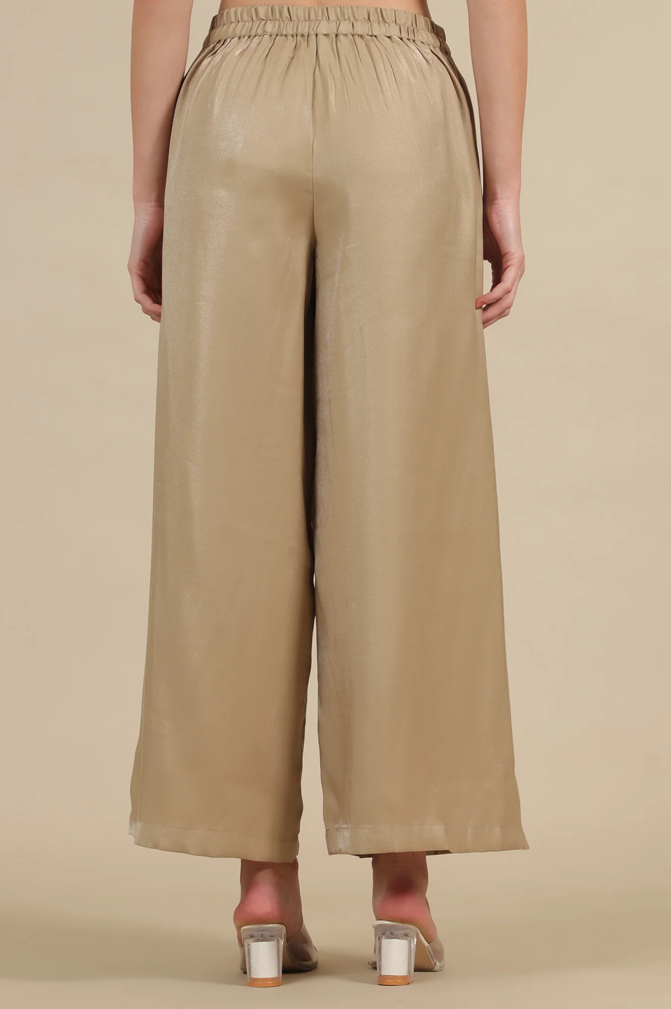 Gold Solid Flared Rayon Palazzo With Pleated Detail - Image 3