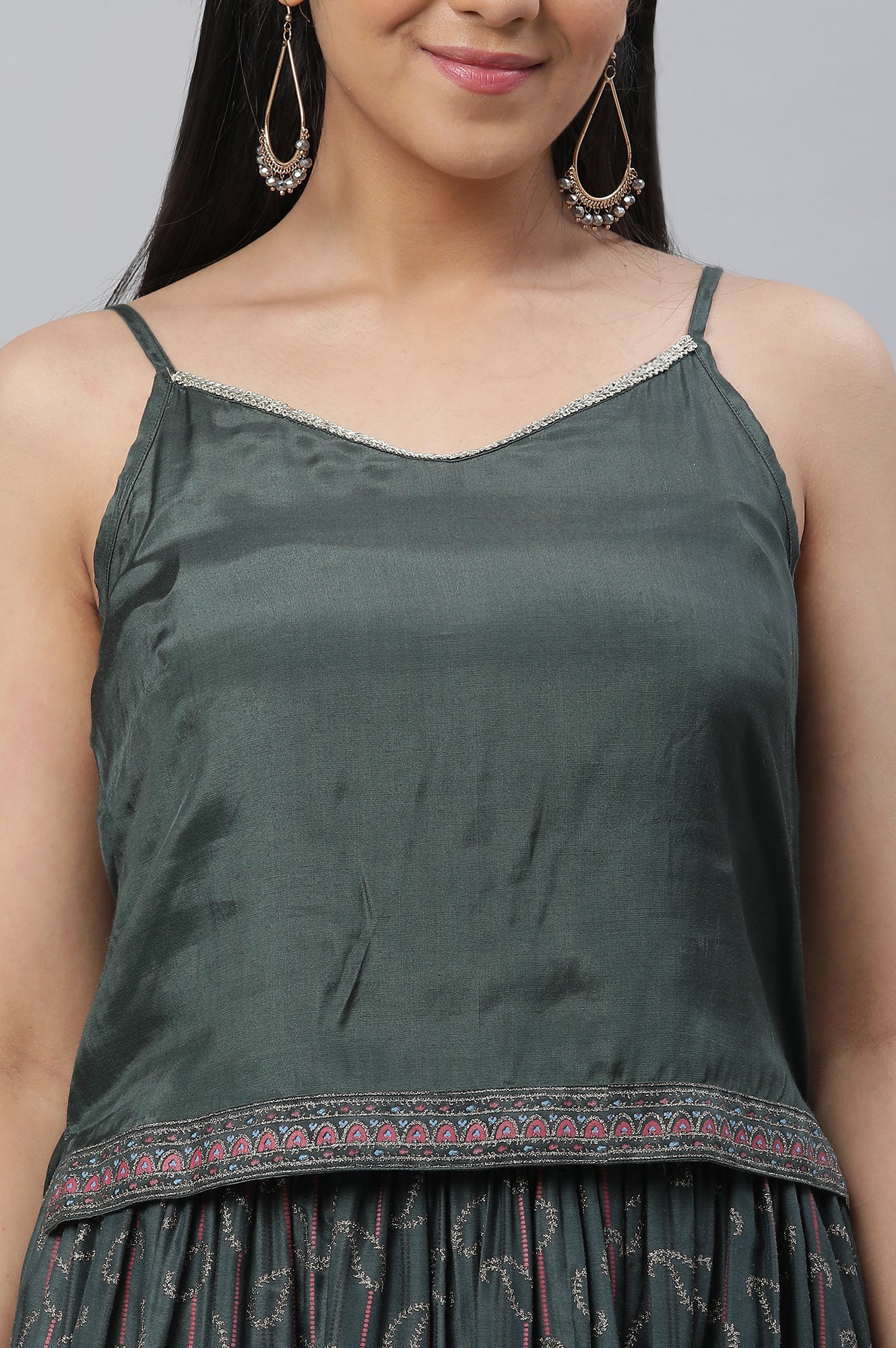 Dark Green Embroidered Crop Top, Embroidered Jacket and Skirt Set - Image 8
