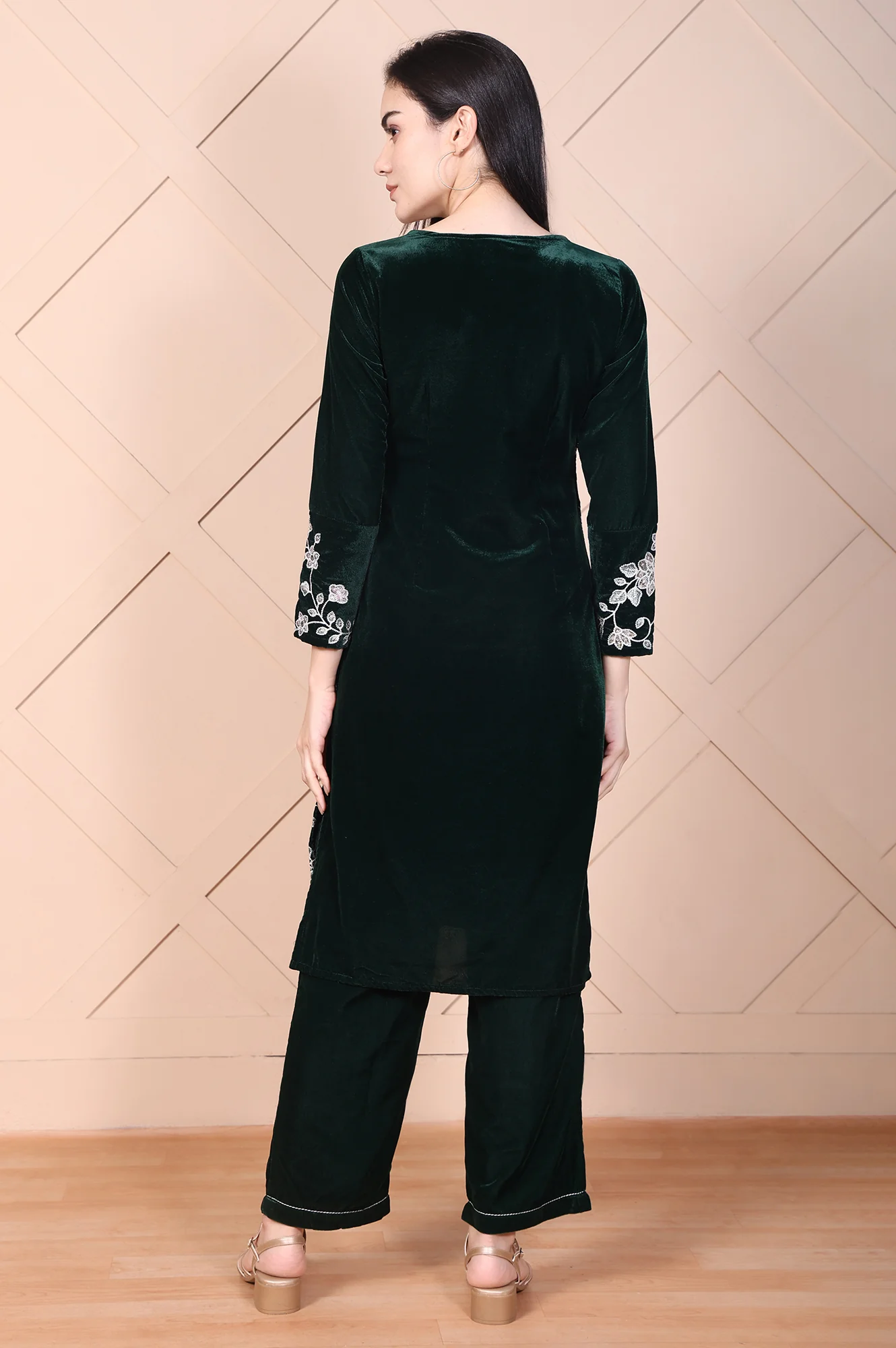 Dark Green Embroidered Straight Velvet Kurta with Palazzo Set - Image 5