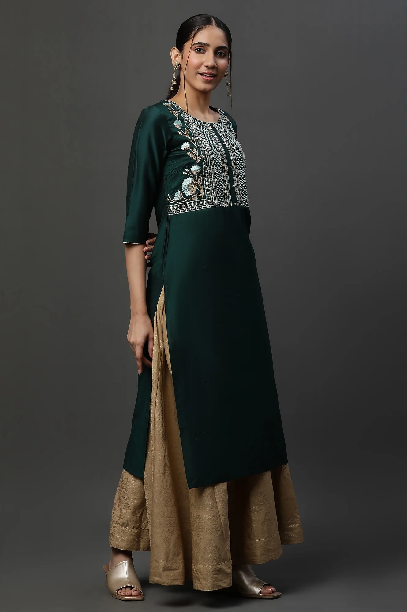 Dark Green Embroidered Yoke Festive Kurta - Image 5
